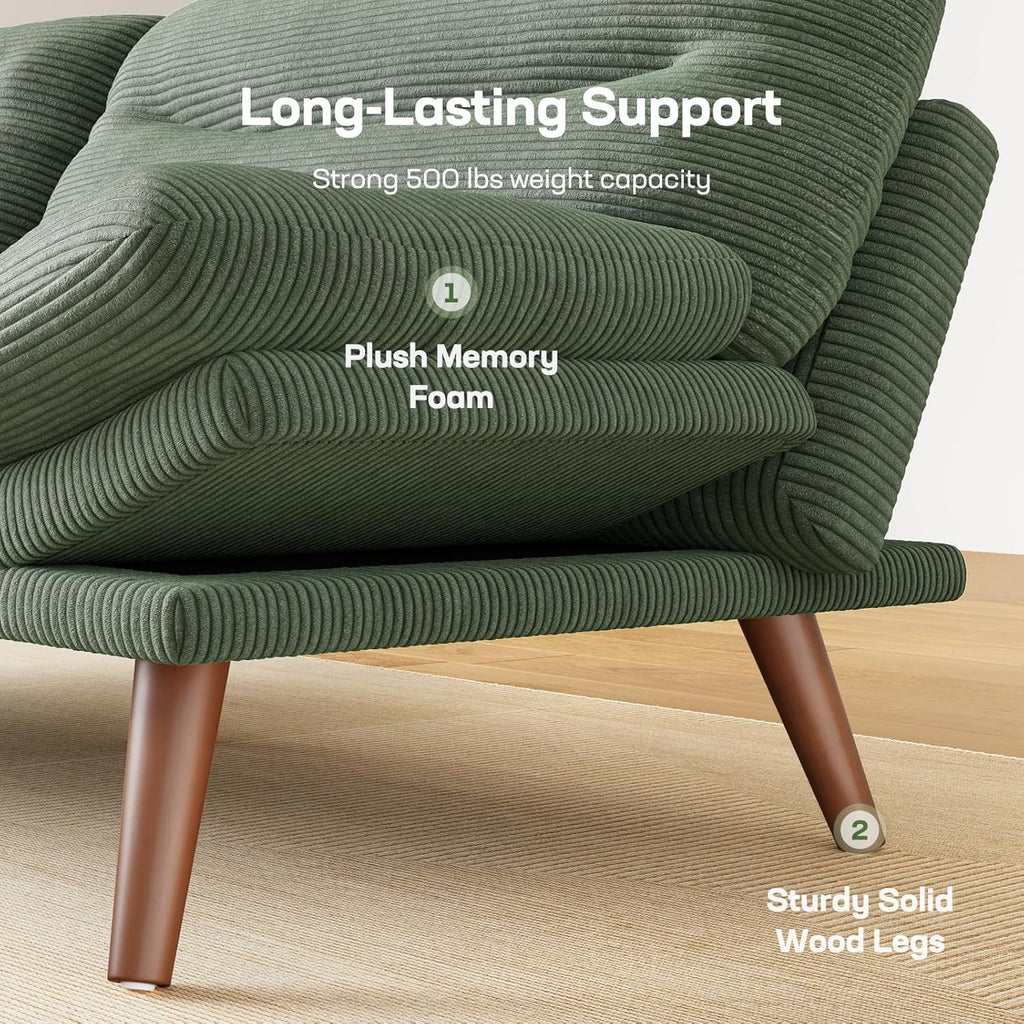 Canapé-lit futon, canapé futon avec dossier et accoudoirs réglables, convertible en petit canapé-lit causeuse en velours côtelé vert