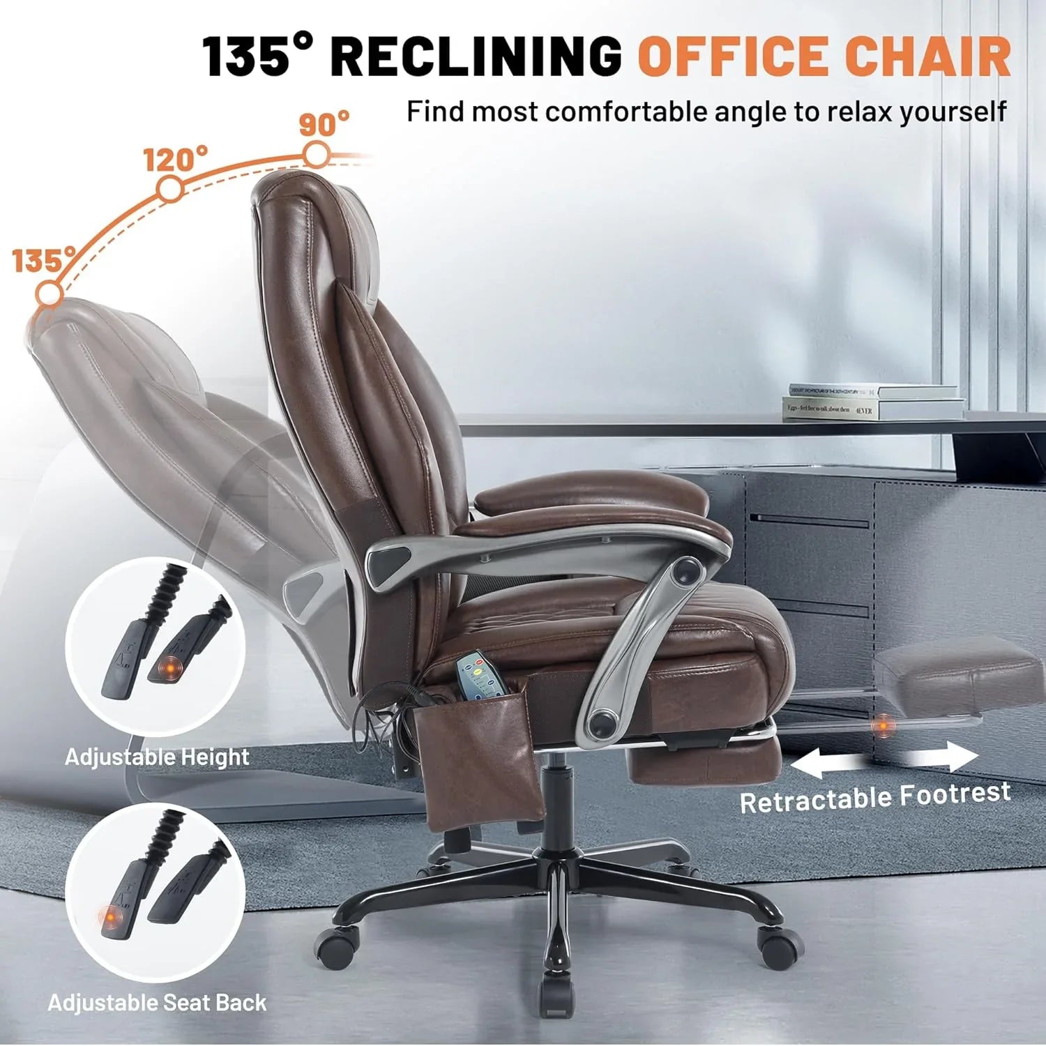 Fauteuil de bureau massant avec chauffage et repose-pieds Fauteuil de bureau ergonomique inclinable pour cadres