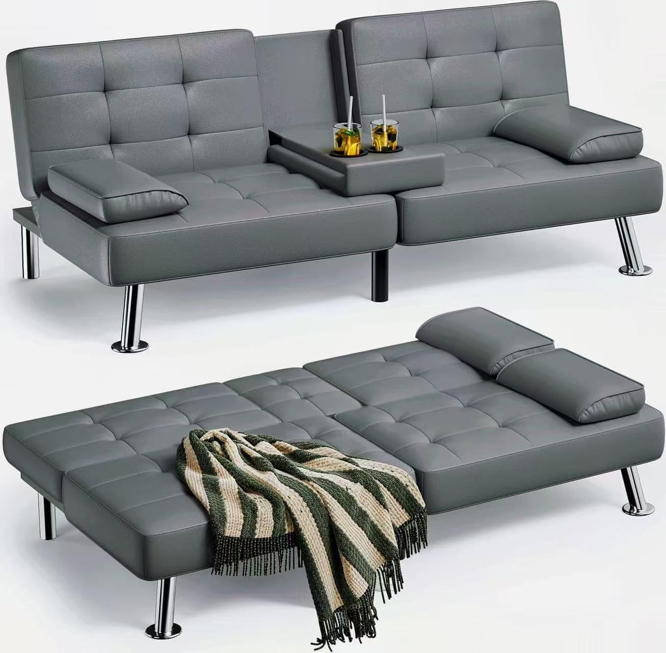 Canapé-lit futon Homall, canapé-lit futon en cuir avec accoudoirs amovibles, canapé-lit inclinable réglable avec deux porte-gobelets pour salon et appartement
