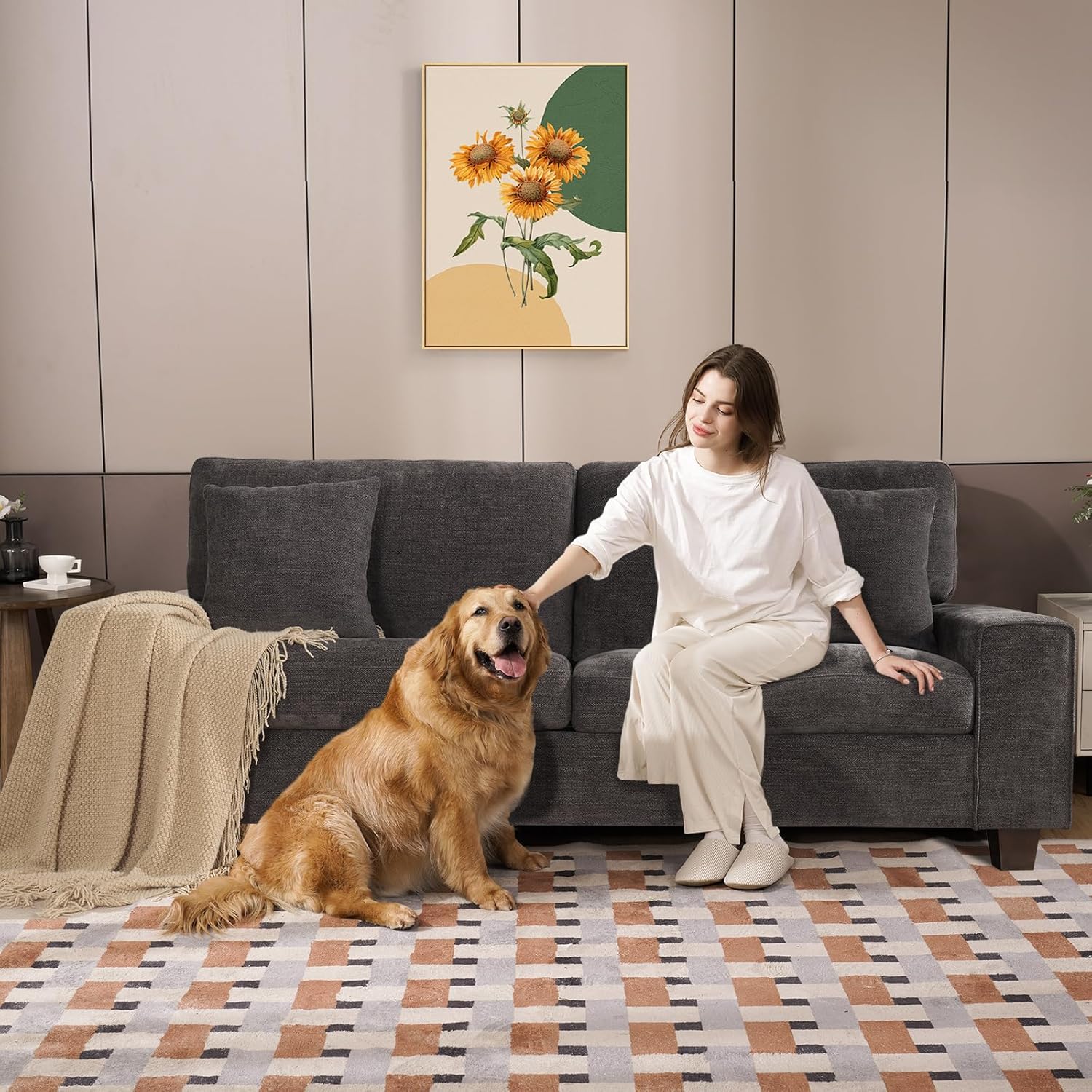 Canapé double de salon DOPEDIO, fauteuil en chenille, amovible, structure en bois massif