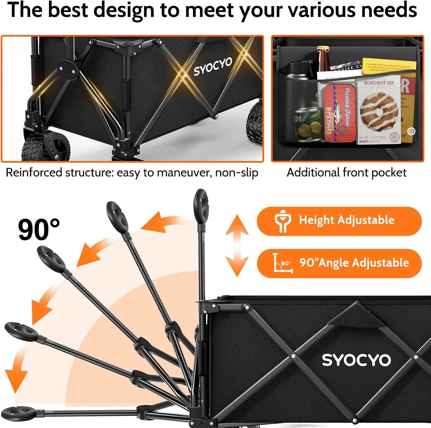 Chariot de plage pliable à grandes roues, chariot de plage pliable avec roues tout-terrain, grande capacité de charge, chariot robuste