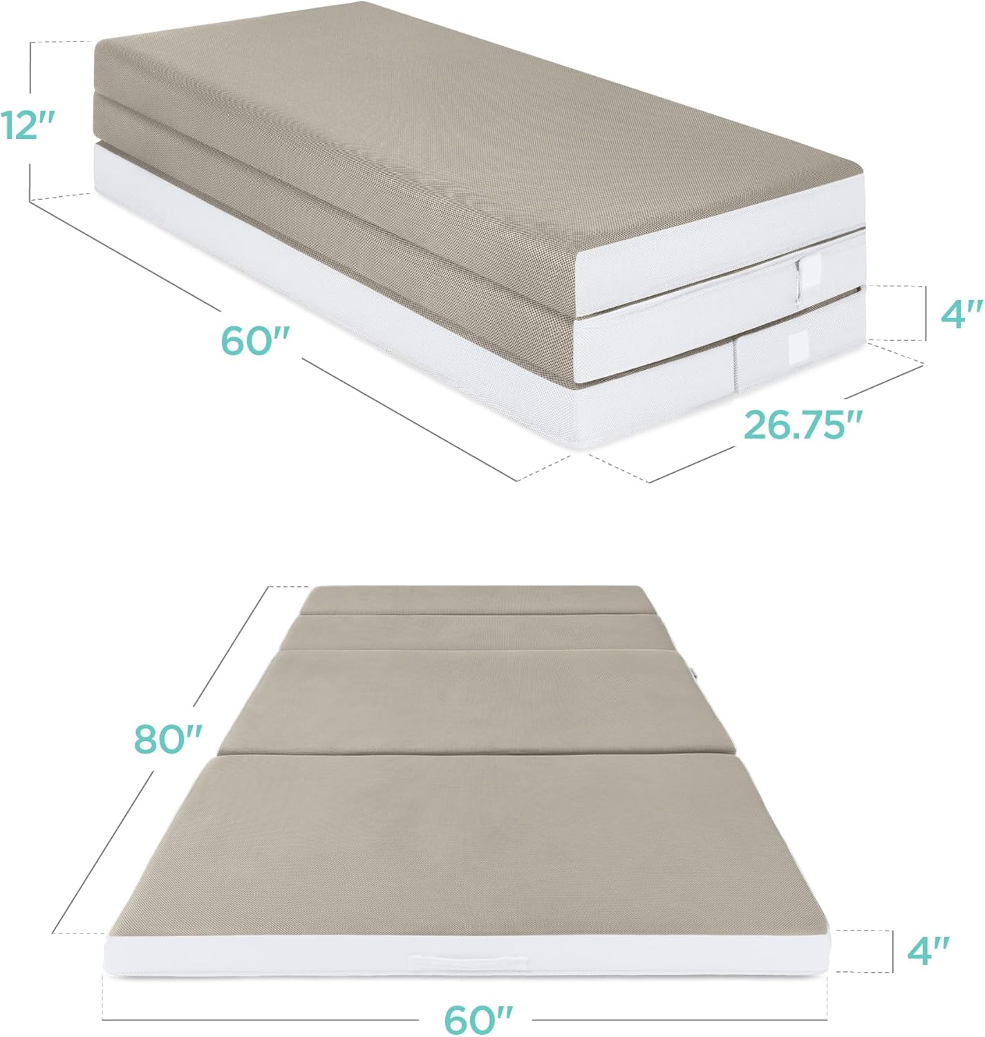 Matelas Queen Size portable de 4 pouces, matelas pliable en trois parties pour camping, invités et tout-petits