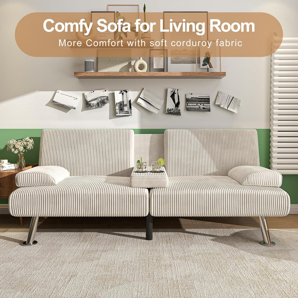 Canapé-lit futon convertible et pliable en lin moderne Shahoo avec accoudoirs amovibles, pieds en métal et 2 porte-gobelets pour le salon