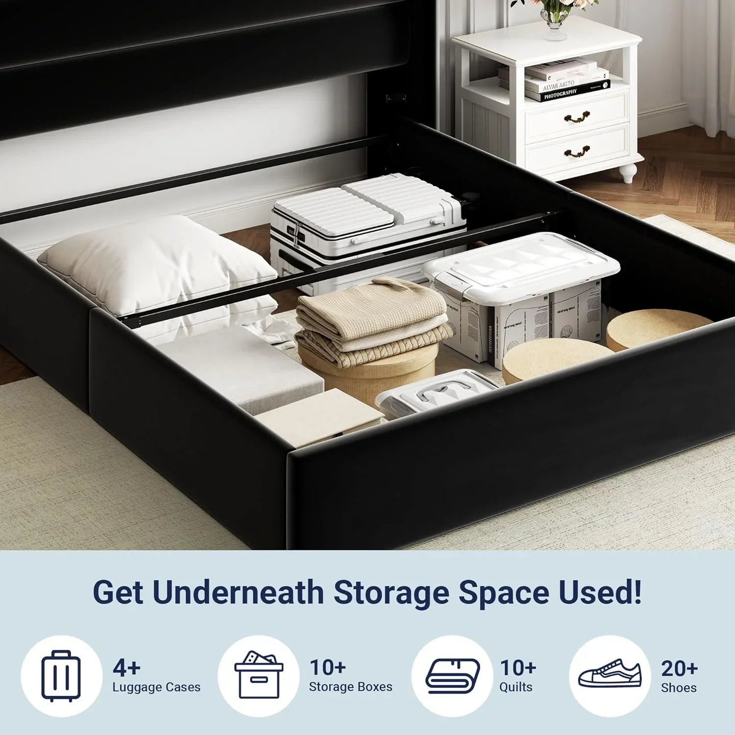 Lit queen-size relevable avec rangement Allewie, tête de lit à oreilles moderne et support hydraulique