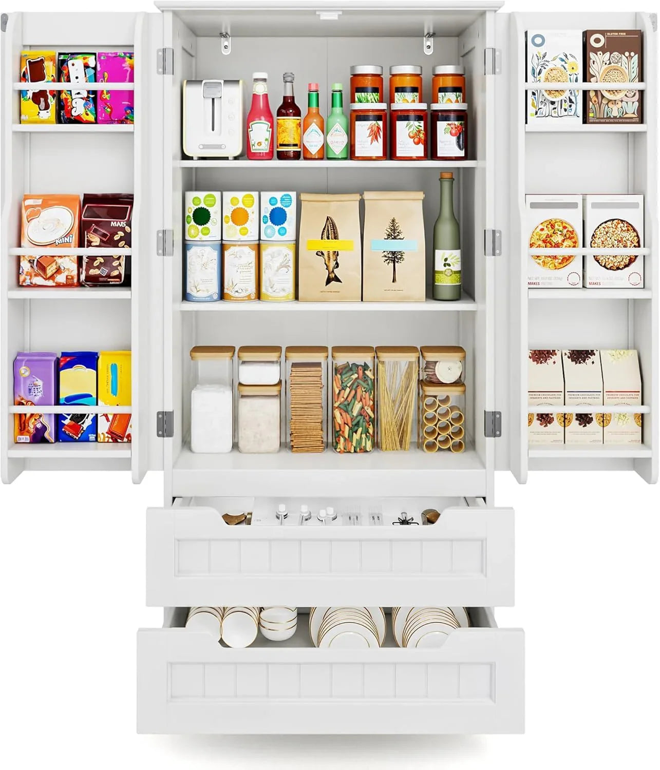 Armoire de rangement de cuisine Gizoon avec tiroirs, armoire de rangement de salle de bain autonome avec portes et étagères, petite armoire de garde-manger de 47 pouces