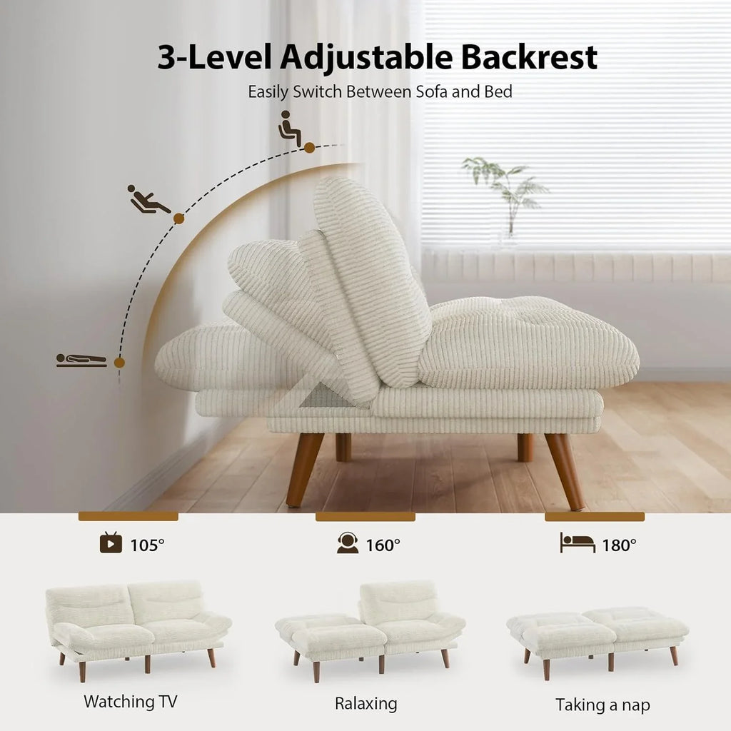 Canapé-lit futon convertible, canapé-lit futon inclinable en velours côtelé de 66 pouces pour petits espaces, salles de jeux ou bureaux