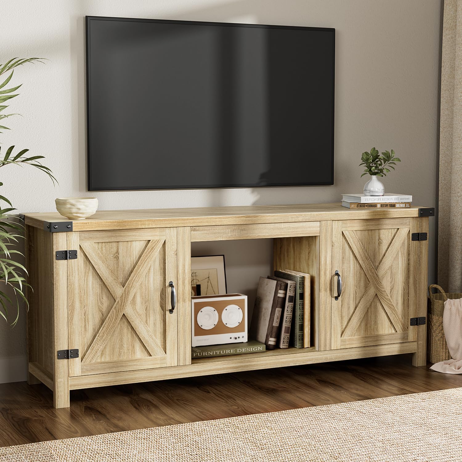YESHOMY Meuble TV avec cheminée et deux portes de grange, armoires de rangement pour téléviseurs jusqu'à 65 pouces et plus, console de divertissement, meuble multimédia pour salon, 58 pouces