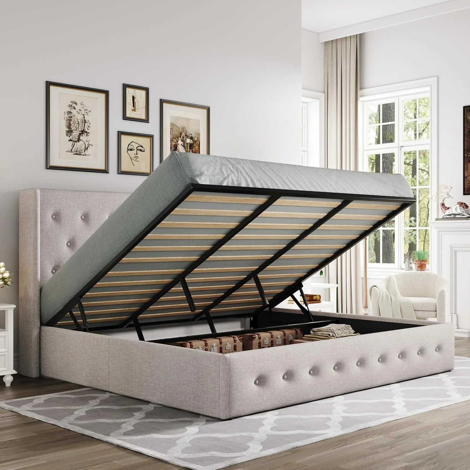 Lit queen-size relevable avec rangement Allewie, tête de lit à oreilles moderne et support hydraulique