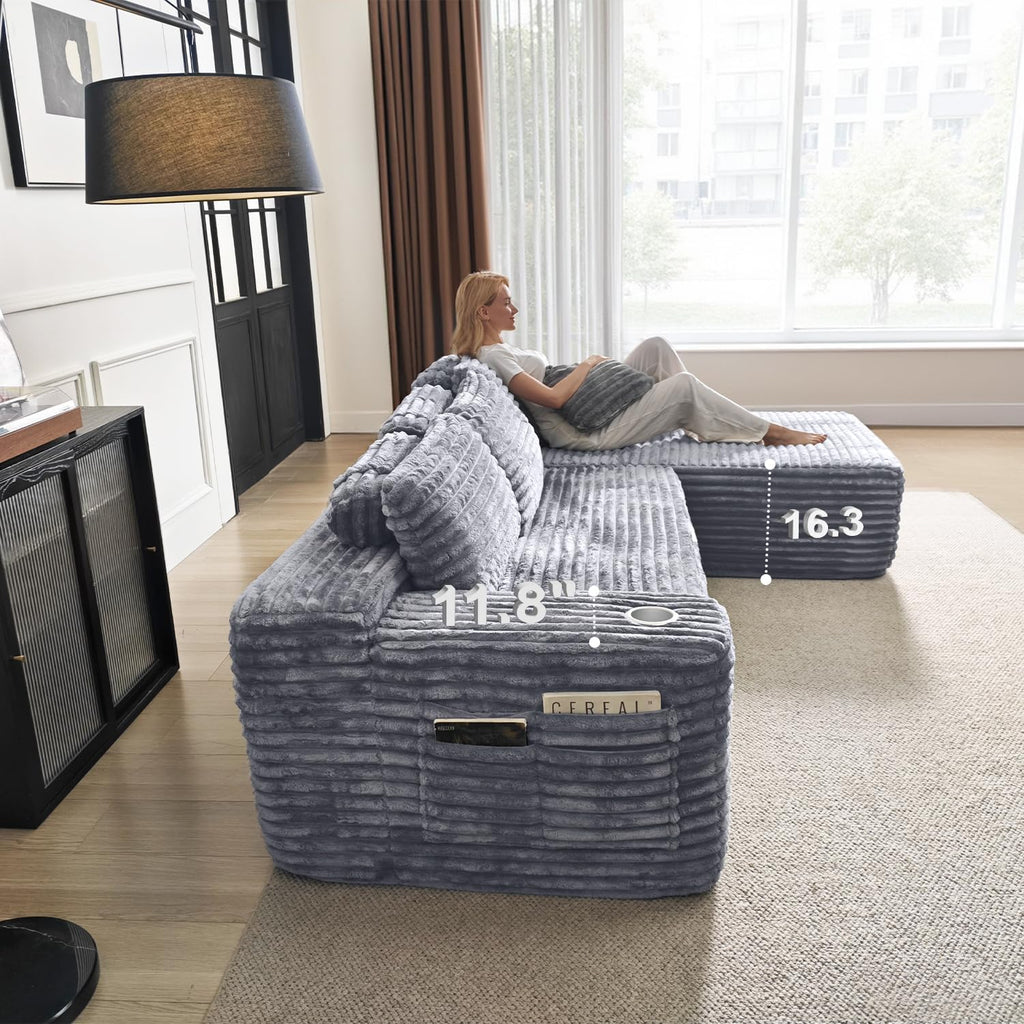 Cloud section sofa with L-shaped recliner, modern modular sofa, built-in cup holder