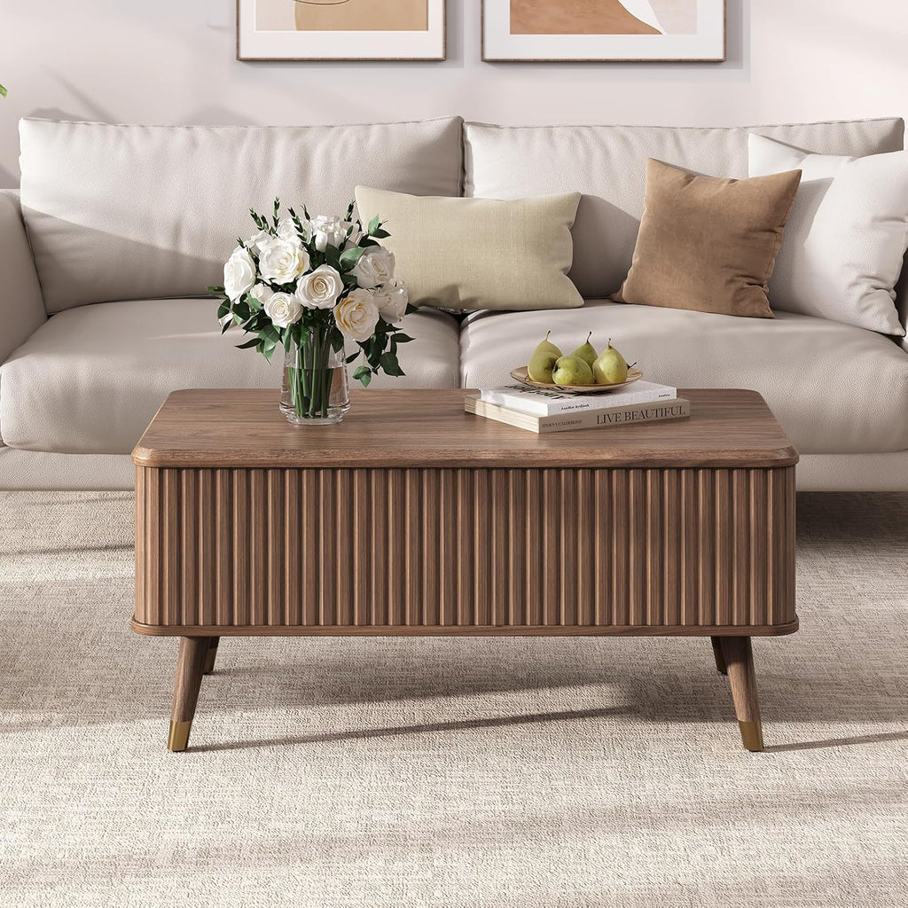 Table basse ronde avec rangement, table centrale encastrée avec portes coulissantes