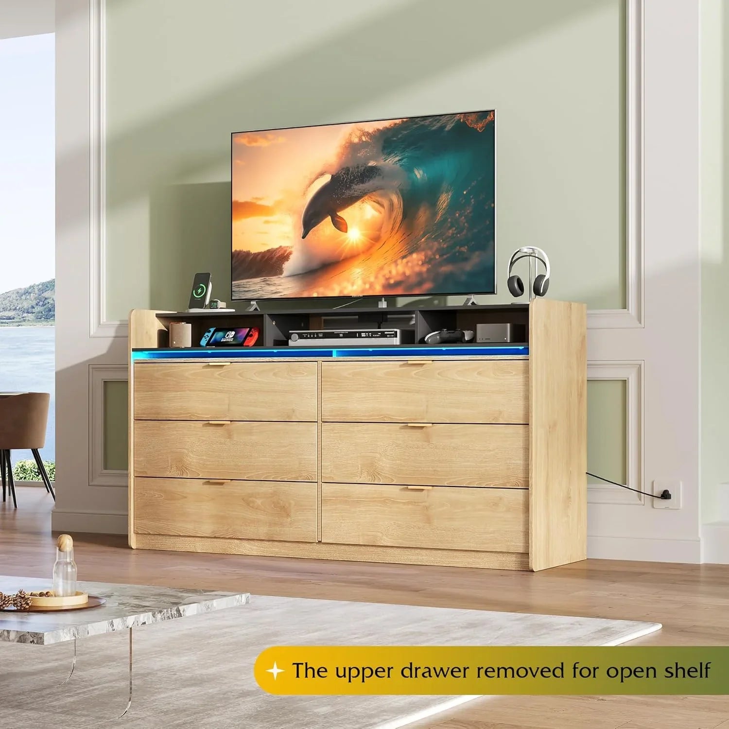 Commode LED à 9 tiroirs pour chambre à coucher, 148 cm de large, organiseur de rangement en bois avec prise électrique