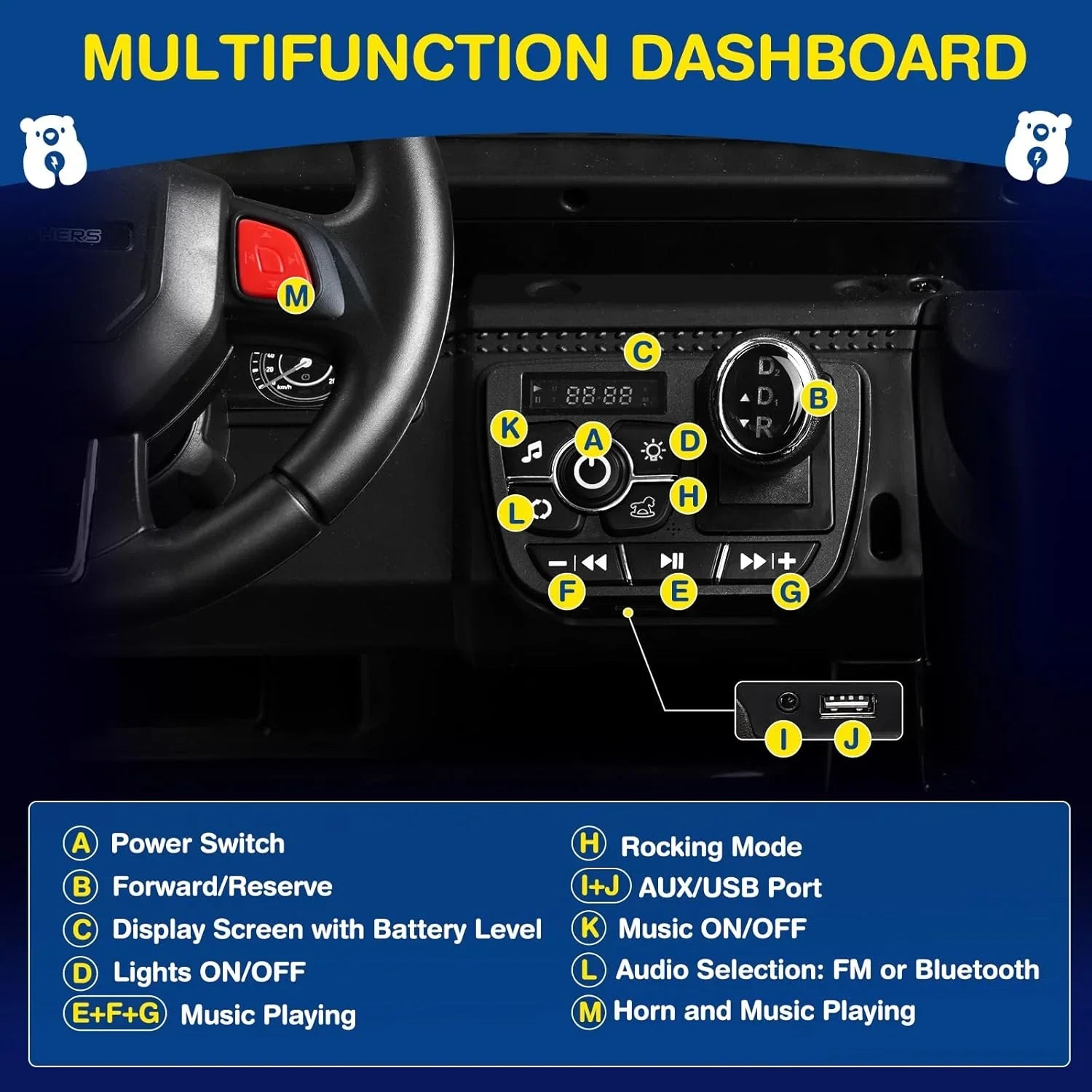 Trottinette électrique L8 pour enfants, 2 places, 12 V, avec télécommande, suspension à 4 roues et haut-parleur Bluetooth.