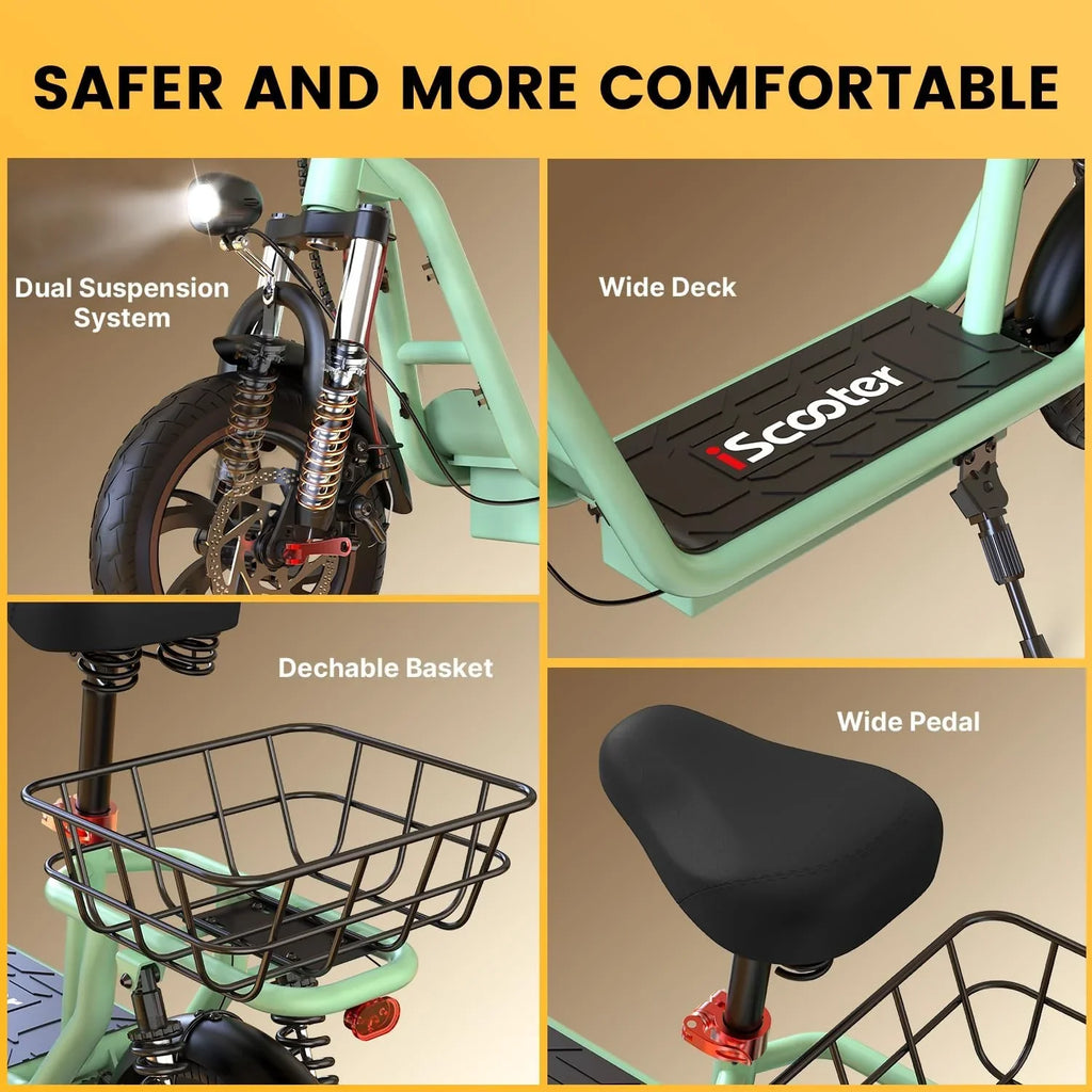 Trottinette électrique iScooter avec siège, autonomie de 60/34 km, vitesse de pointe de 45/39/25 km/h, double suspension avec panier