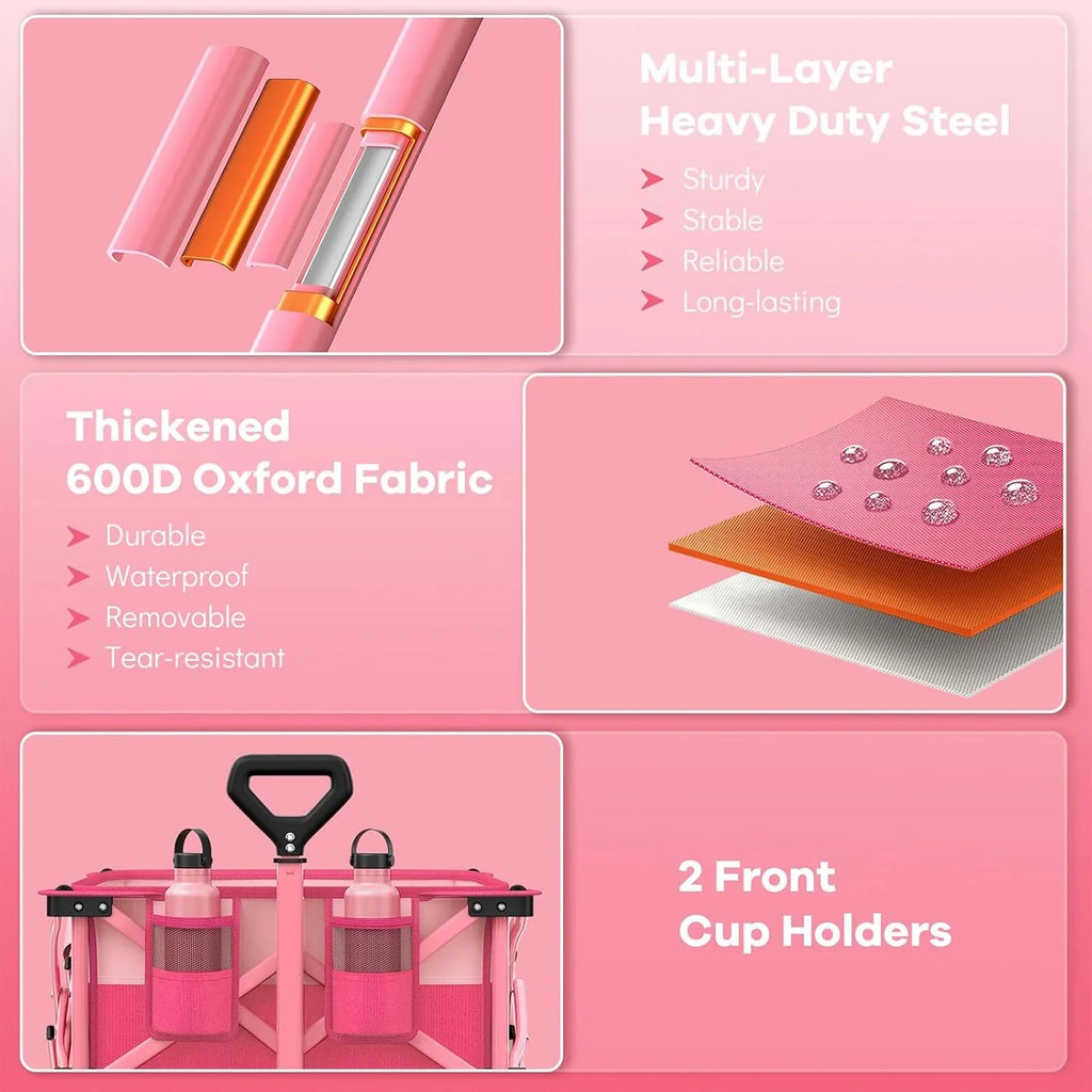 Poussette pliable à quatre roues de 96 cm de long, pliable, capacité de 200 kg, poussette de plage pliable robuste de 220 litres avec de grands pneus tout-terrain