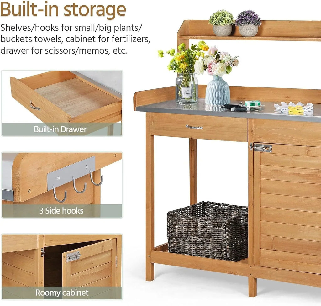 Yaheetech Banc de jardin extérieur avec plateau en métal et tiroir, étagère ouverte, bois naturel
