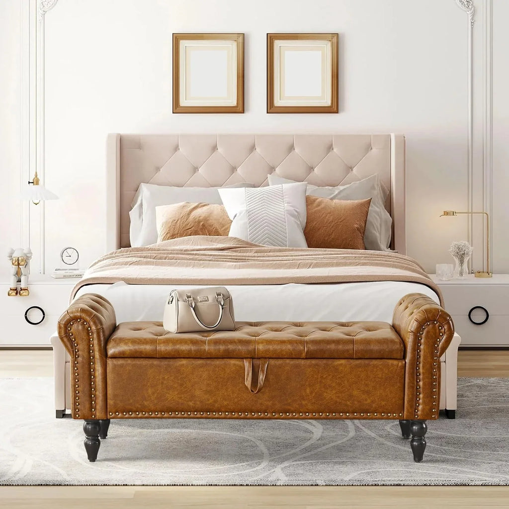 Tabouret de rangement moderne Furniliving, tabouret de bout de lit en bois massif Sherpa, tabouret rembourré tabouret d'intérieur