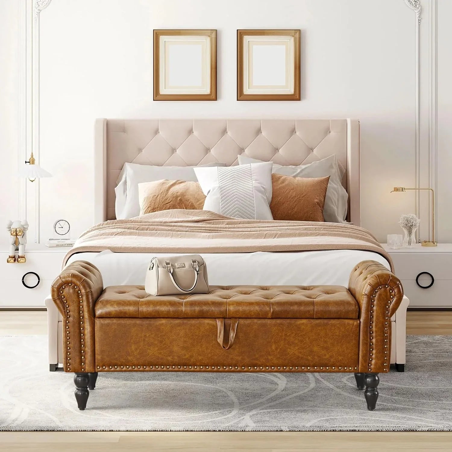 Tabouret de rangement moderne Furniliving, tabouret de bout de lit en bois massif Sherpa, tabouret rembourré tabouret d'intérieur