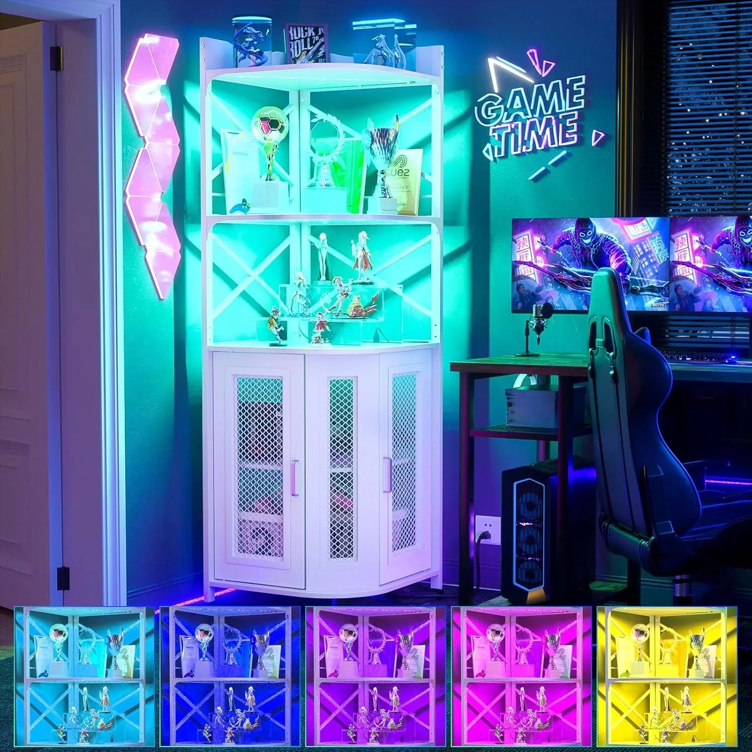 Meuble bar d'angle avec prise de courant, armoire à vin de style industriel avec bande lumineuse LED et support à verres, meuble bar à vin à cinq niveaux pour la maison, vitrine d'angle pour petit espace