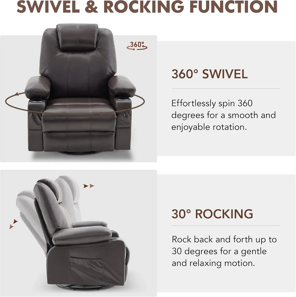 Grand fauteuil inclinable pivotant à bascule avec fonction chauffage et massage, canapé simple pivotant à 360 degrés