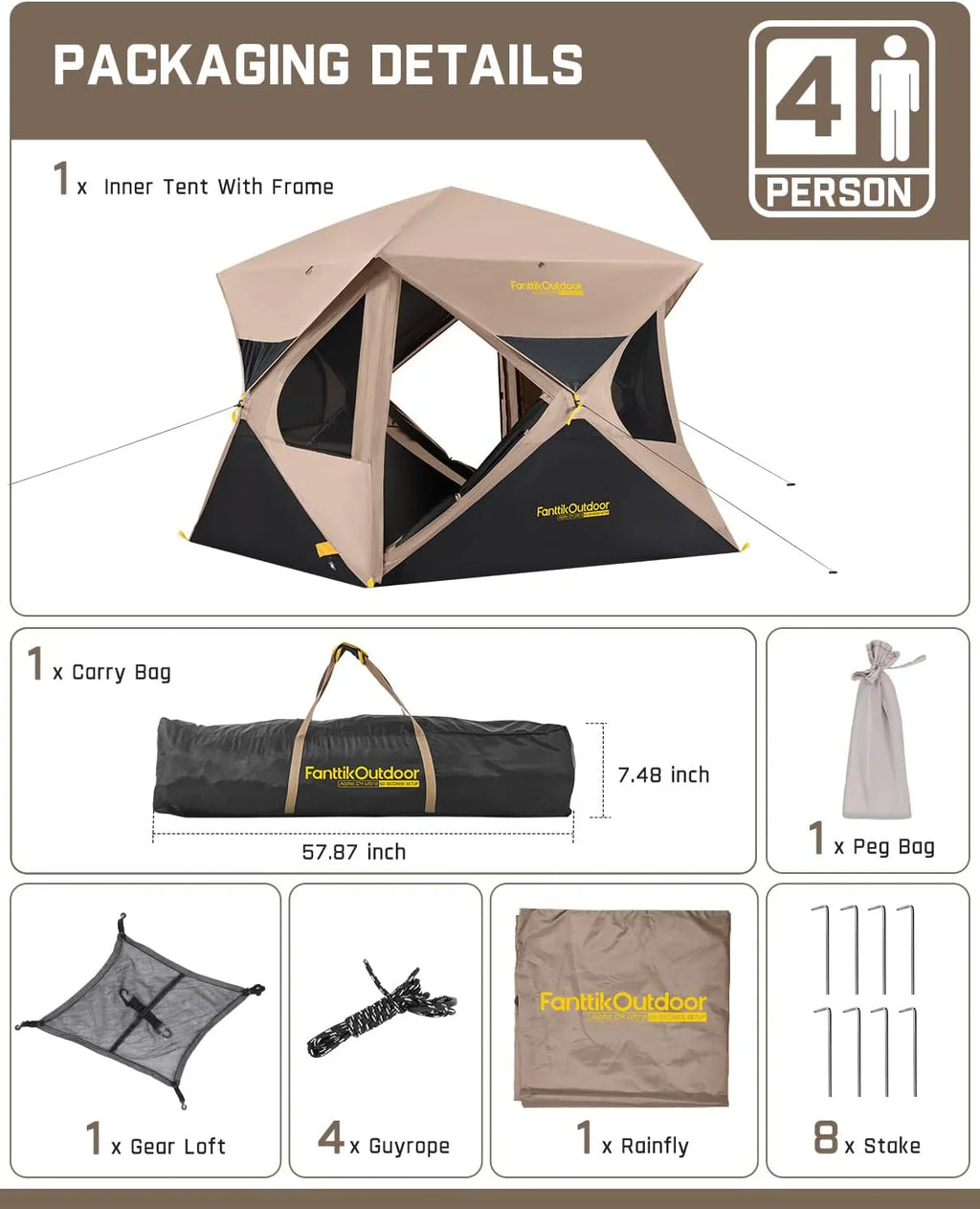 Tente de camping super pop-up pour 4 personnes, installation instantanée, tente centrale portable