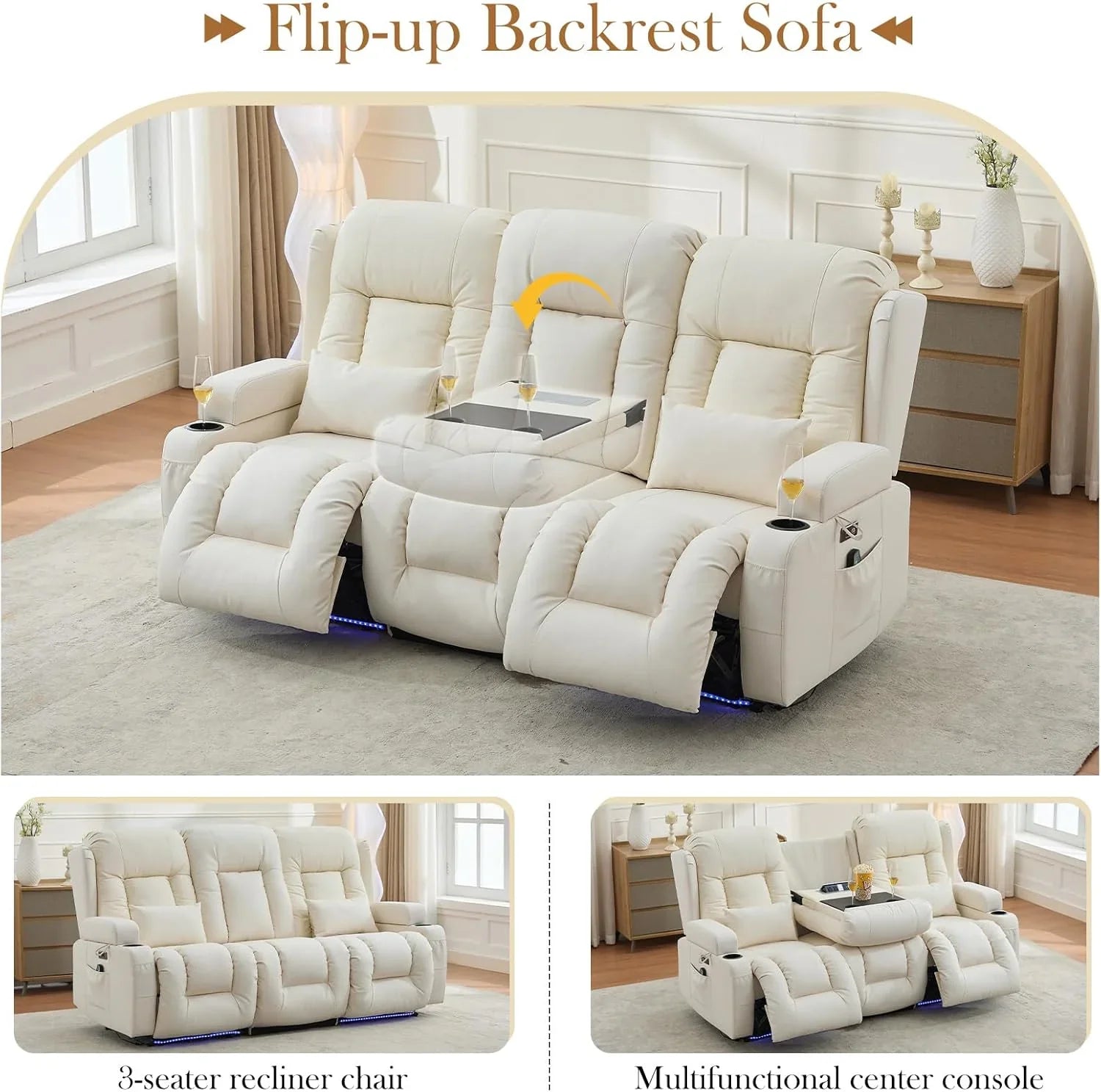 Canapé inclinable électrique TUNYI avec fonctions massage et chauffage, siège home cinéma avec console, canapé inclinable électrique pour camping-car