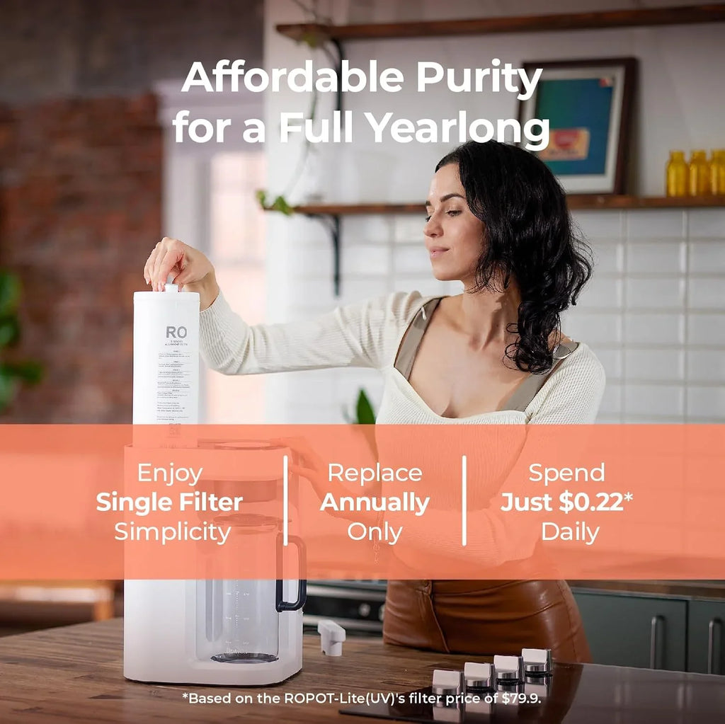 Système d'osmose inverse Bluevua RO100ROPOT-Lite (UV), purificateur d'eau de comptoir, purification en 7 étapes, avec fonctions UV et de reminéralisation, surveillance du TDS et de la durée de vie du filtre
