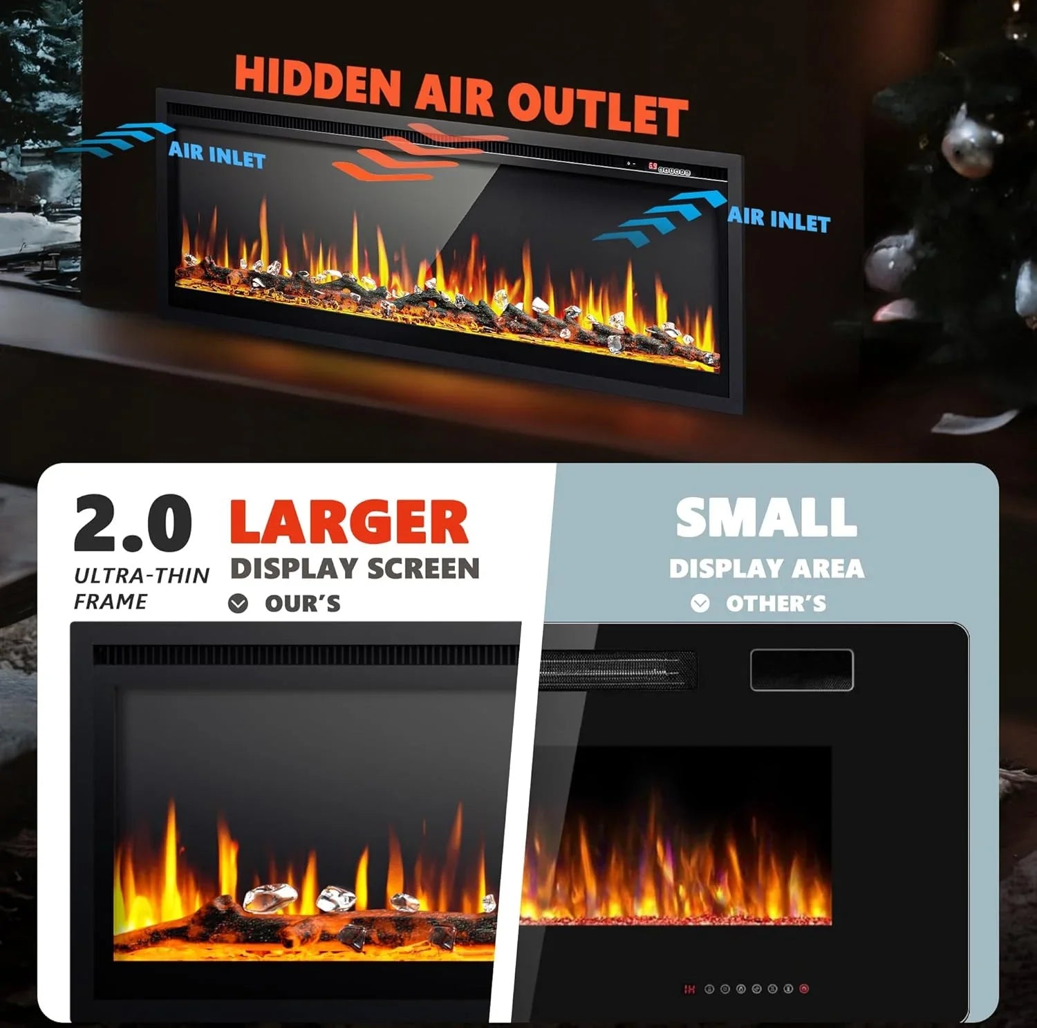 EUHOMY Cheminée électrique encastrée et murale de 50 pouces avec couleur de flamme réglable, chauffage de cheminée avec télécommande, cheminée linéaire avec minuterie, écran tactile, bûche et cristal, 750/1500 W