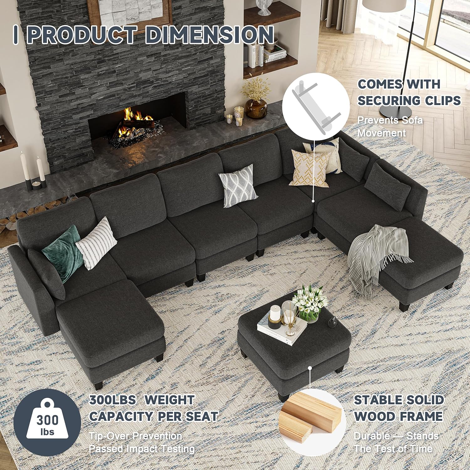 Canapé sectionnel modulable, canapé convertible en U, mousse à mémoire de forme haute densité, canapé sectionnel confortable 6 places