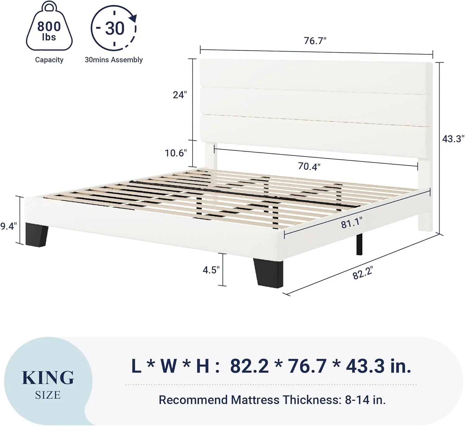 Cadre de lit plateforme Allewie Queen Size avec tête de lit rembourrée en tissu et support à lattes en bois, sommier entièrement rembourré (pas besoin de sommier)