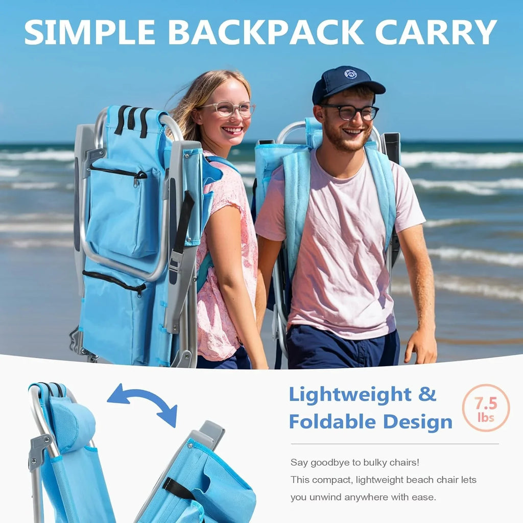 Lot de 2 chaises de plage compactes et portables pour adultes, en aluminium, 5 positions, avec pochette isotherme