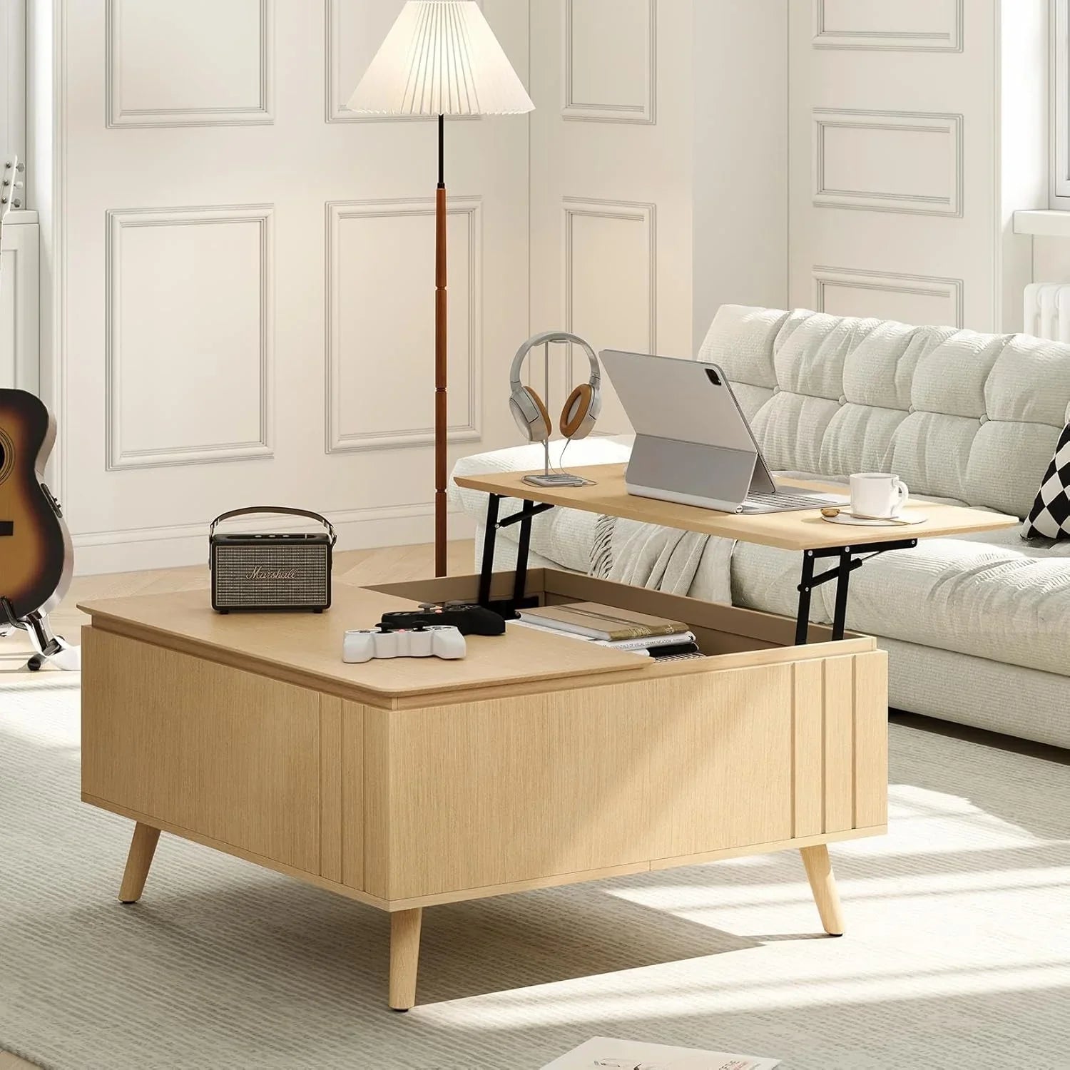 Table basse ronde avec rangement, table centrale encastrée avec portes coulissantes