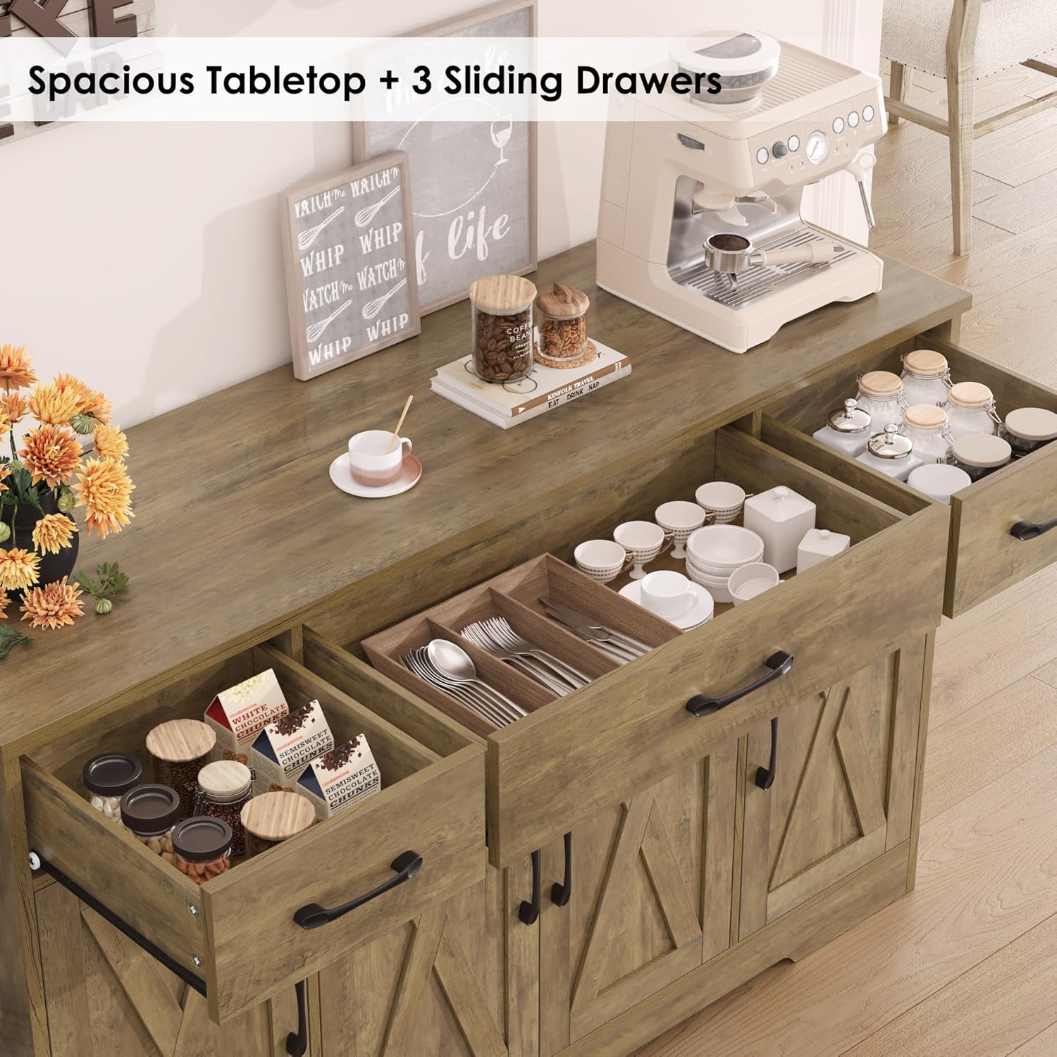 Buffet avec tiroirs, grand buffet de 55 pouces, rangement de buffet avec étagères et portes, table à manger de cuisine en bois de bar à café de ferme moderne