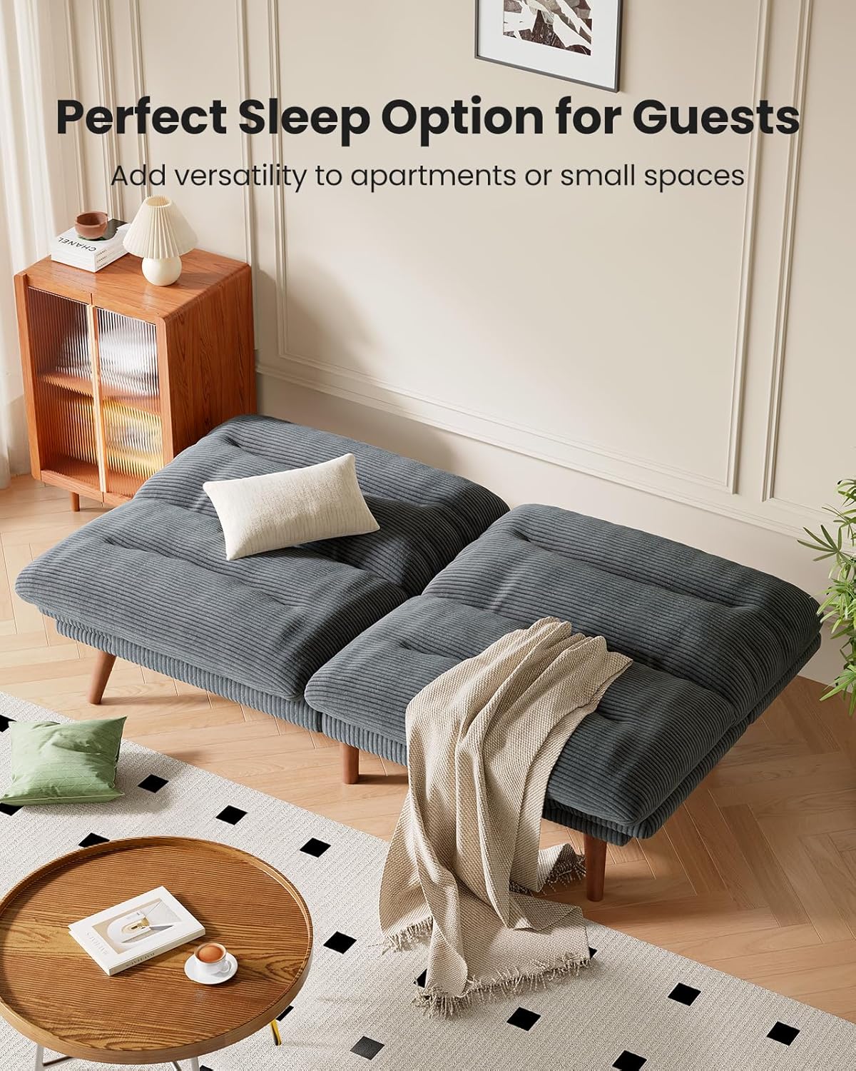 Canapé-lit futon convertible, canapé-lit futon inclinable en velours côtelé de 66 pouces pour petits espaces, salles de jeux ou bureaux