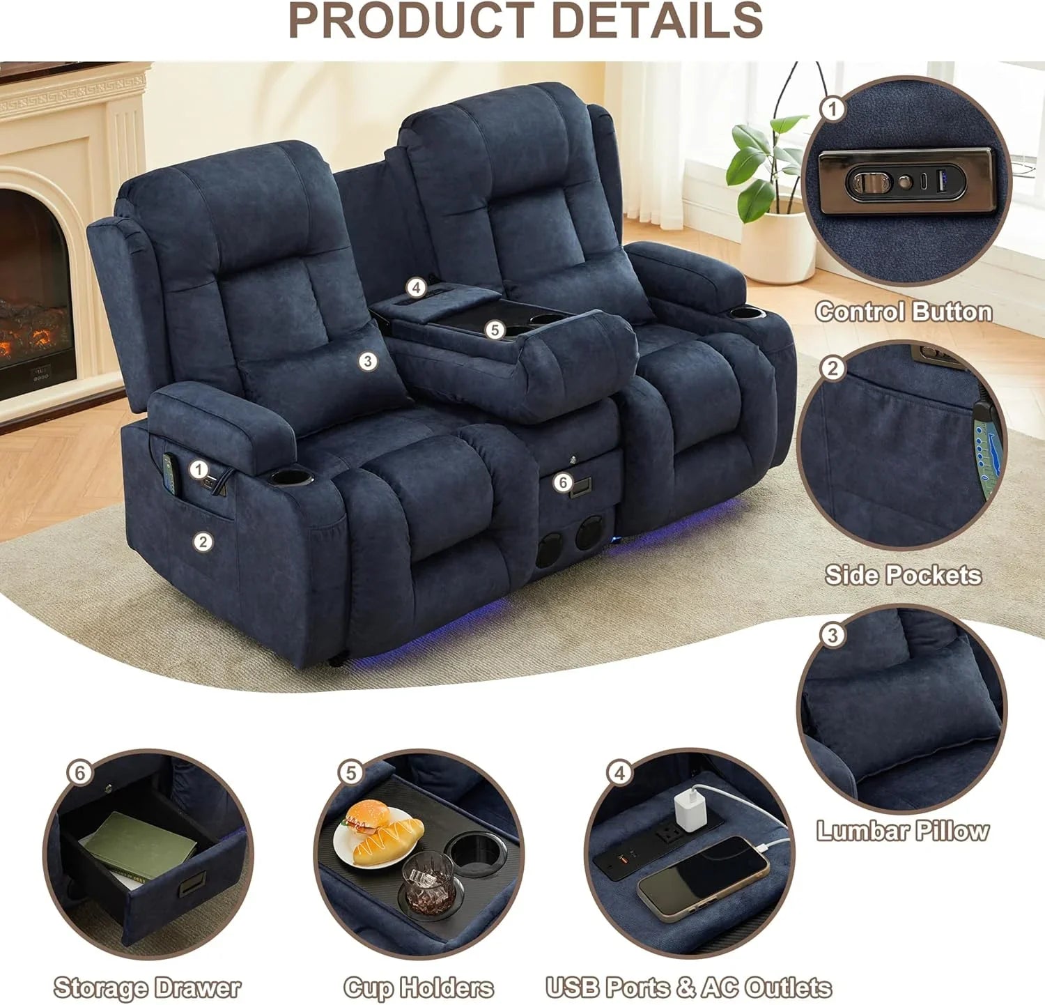 Canapé inclinable électrique TUNYI avec fonctions massage et chauffage, siège home cinéma avec console, canapé inclinable électrique pour camping-car