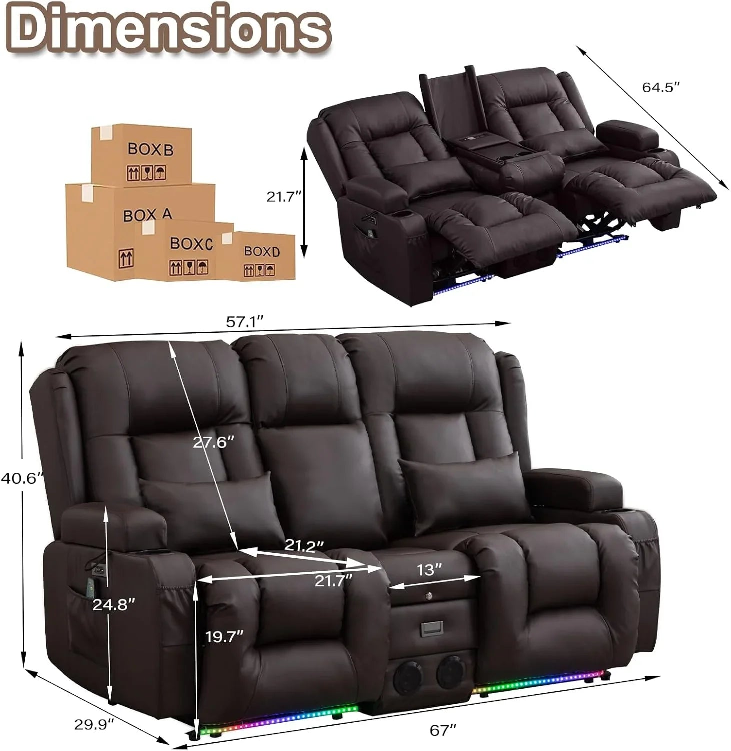 Canapé inclinable électrique TUNYI avec fonctions massage et chauffage, siège home cinéma avec console, canapé inclinable électrique pour camping-car