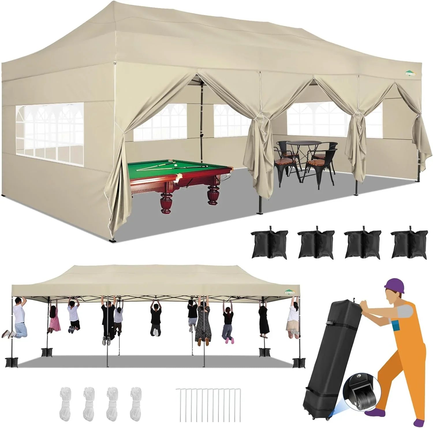 Tente pop-up robuste COBIZI 10x20 avec 6 parois latérales, facile à installer