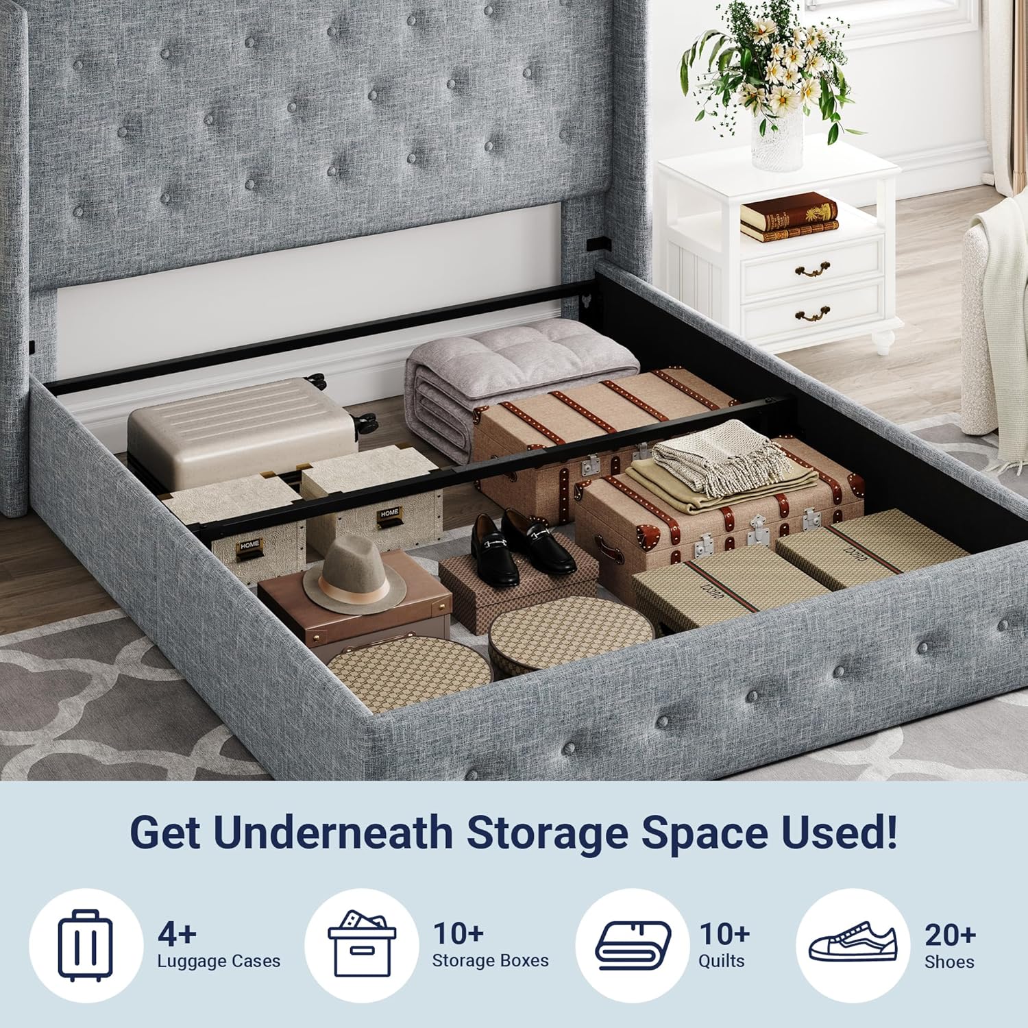 Lit queen-size relevable avec rangement Allewie, tête de lit à oreilles moderne et support hydraulique