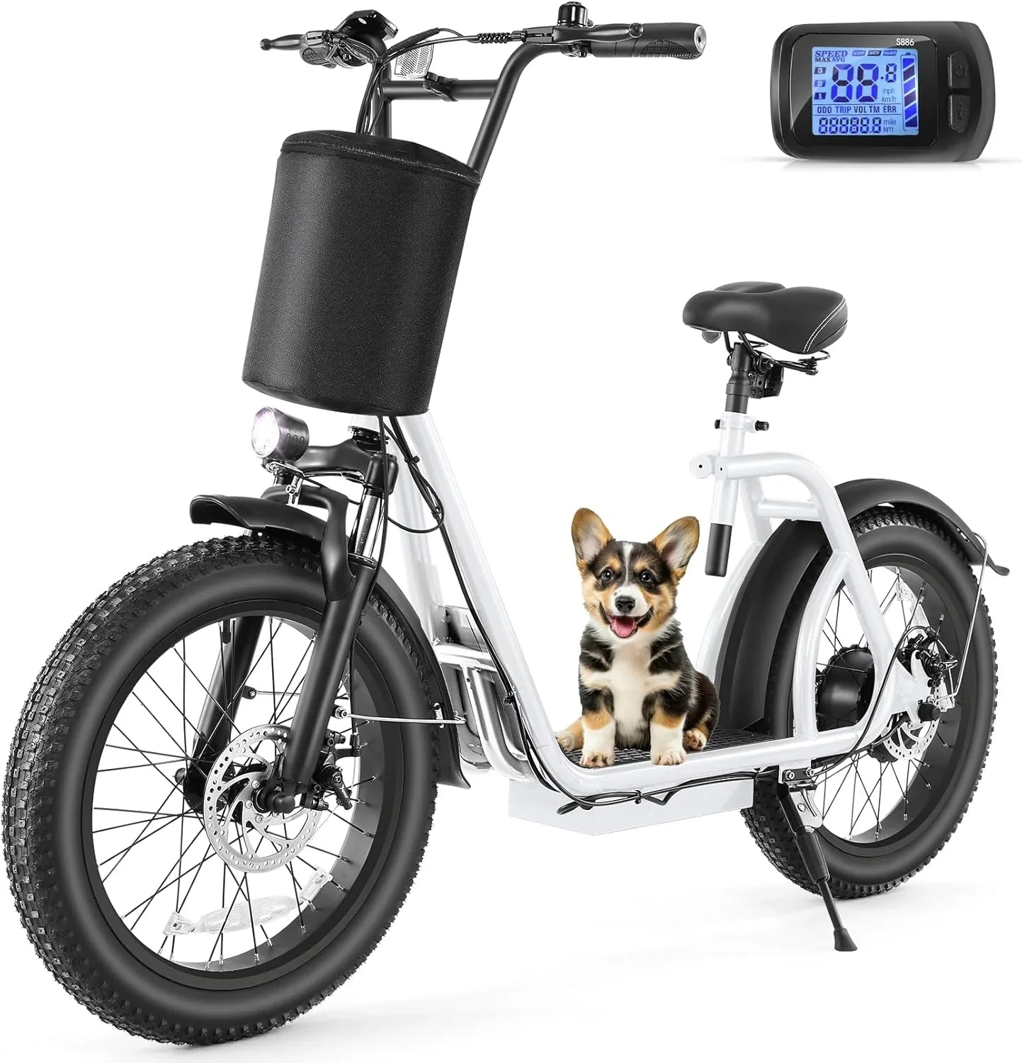 Trottinette électrique pliable Caroma Peak 800 W pour adulte avec pneus de 20 pouces de large, batterie 48 V, panier et siège réglable.