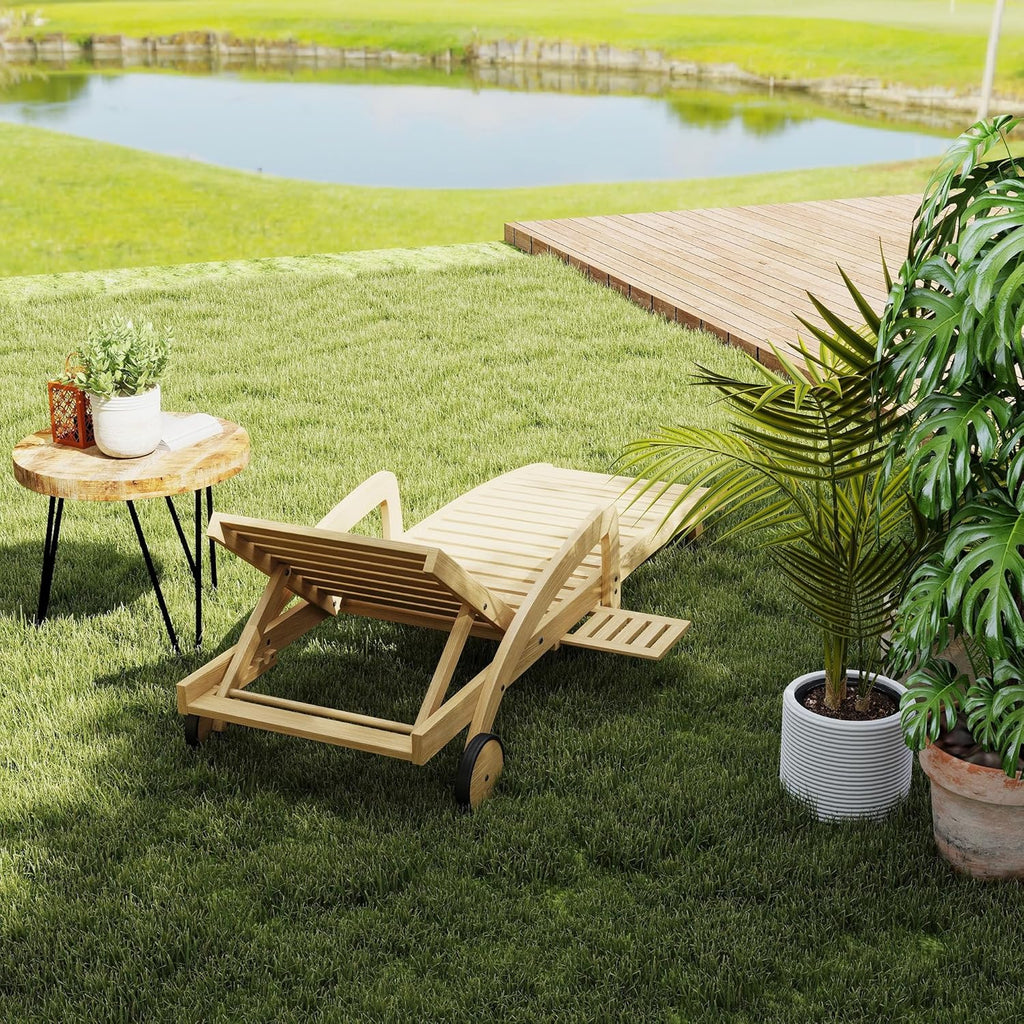 Chaise longue de piscine réglable à 5 positions Chaise longue en bois avec table d'appoint coulissante