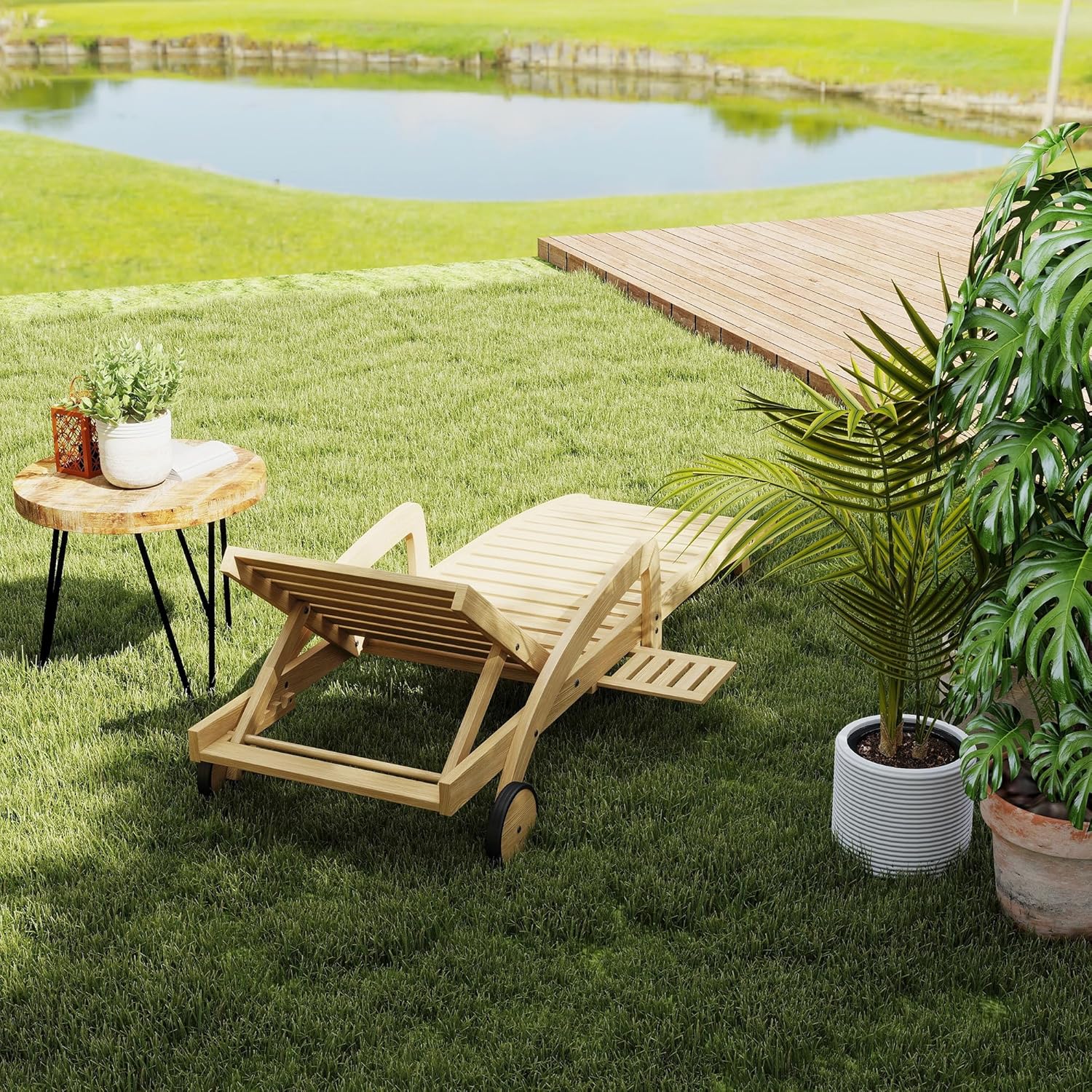 Chaise longue de piscine réglable à 5 positions Chaise longue en bois avec table d'appoint coulissante