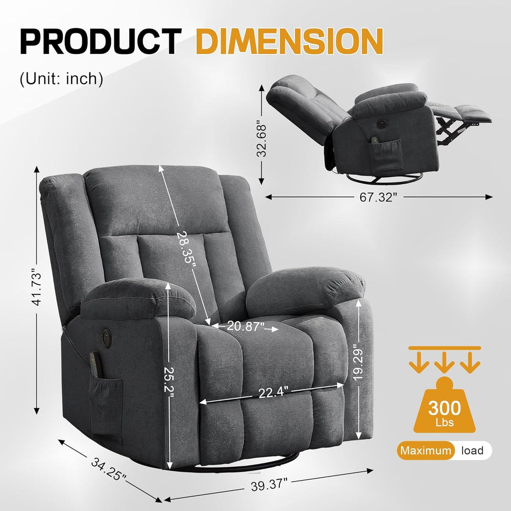 Fauteuil à bascule pour adulte, fauteuil inclinable coulissant, fauteuil à bascule rotatif à 360° avec fonction massage et chauffage