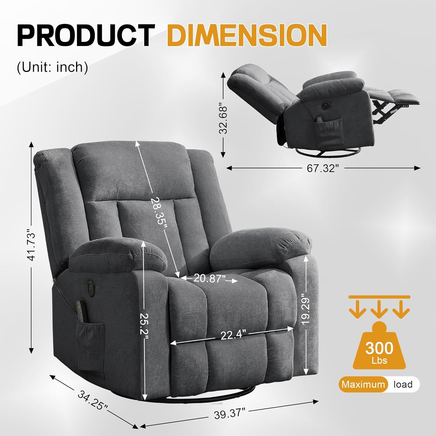 Fauteuil à bascule pour adulte, fauteuil inclinable coulissant, fauteuil à bascule rotatif à 360° avec fonction massage et chauffage