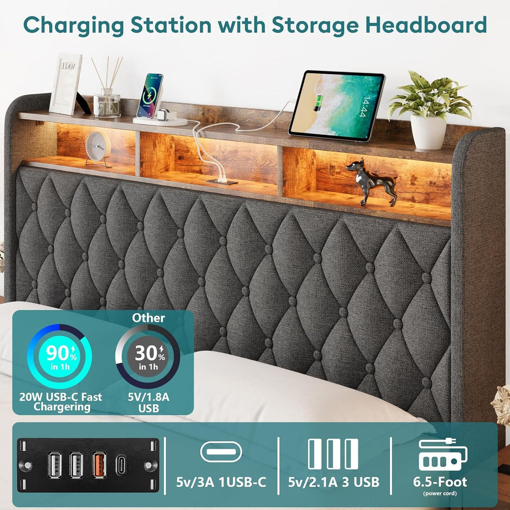 Cadre de lit Queen size avec rangement, hydraulique, sans sommier, lattes en bois