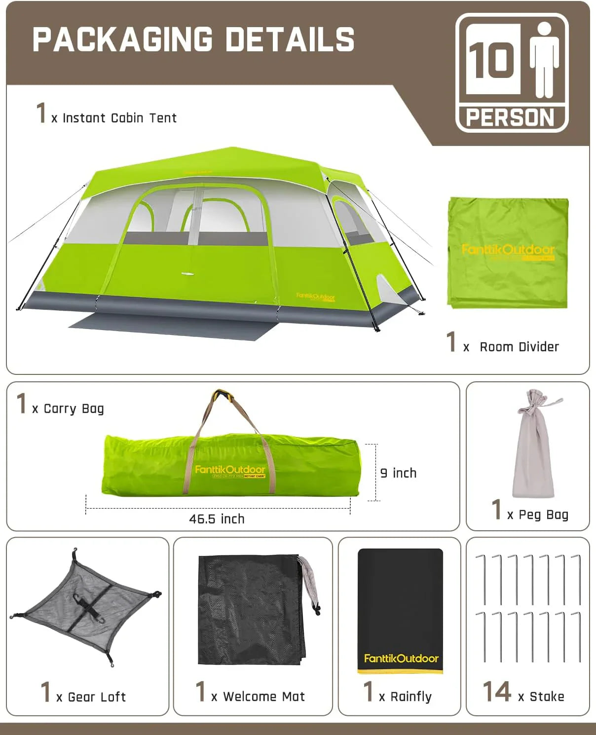 Tente de camping portable pour 4/6/8/10 personnes avec cabine instantanée et résistante à la pluie et au vent