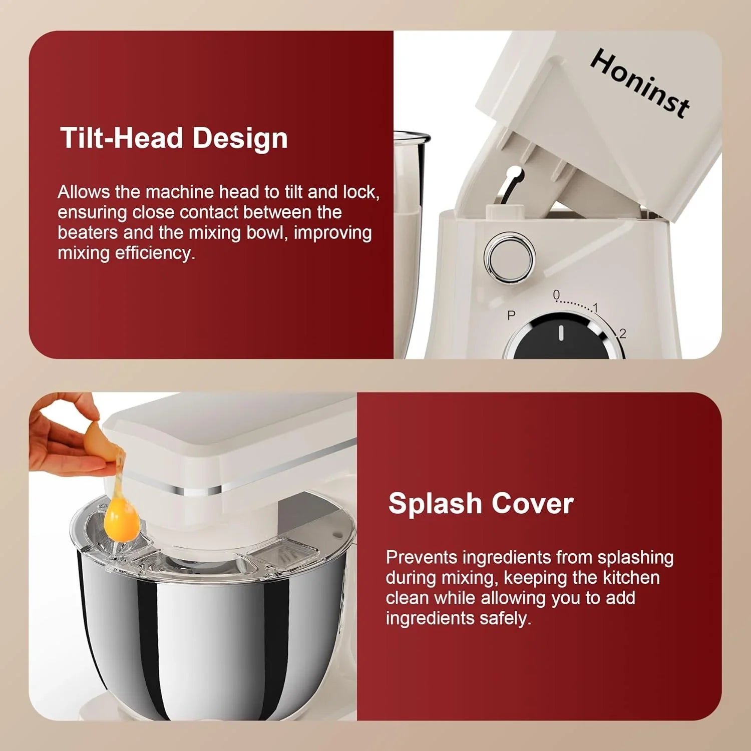 Batteur sur socle 10 vitesses avec protection anti-éclaboussures 8 en 1, tête inclinable, bol en acier inoxydable de 6 litres + crochet pétrisseur/fouet/mixeur/grattoir lavable au lave-vaisselle