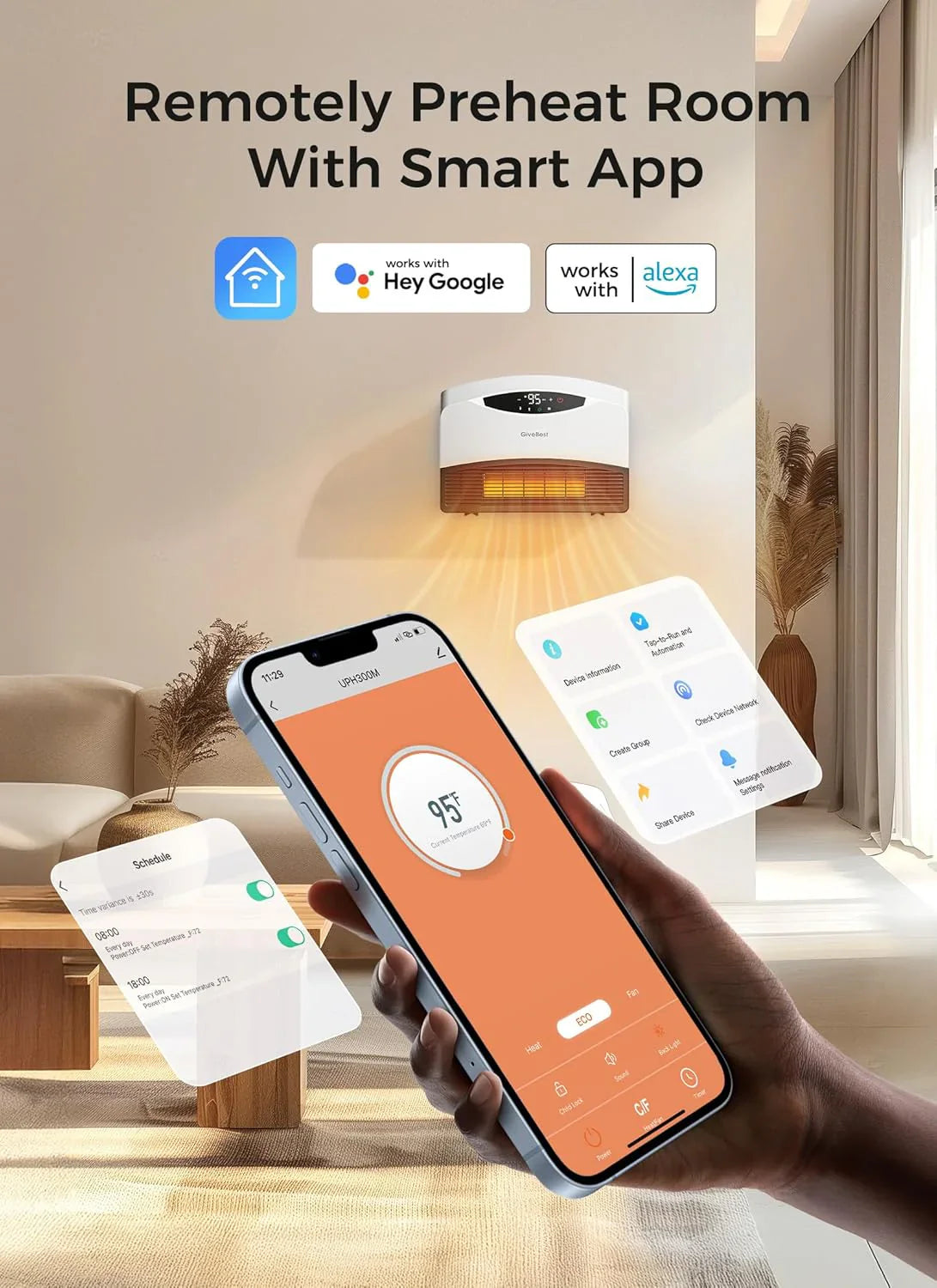 Radiateur électrique mural avec WiFi et télécommande, radiateur sur pied 1500W couverture rapide pour grandes pièces