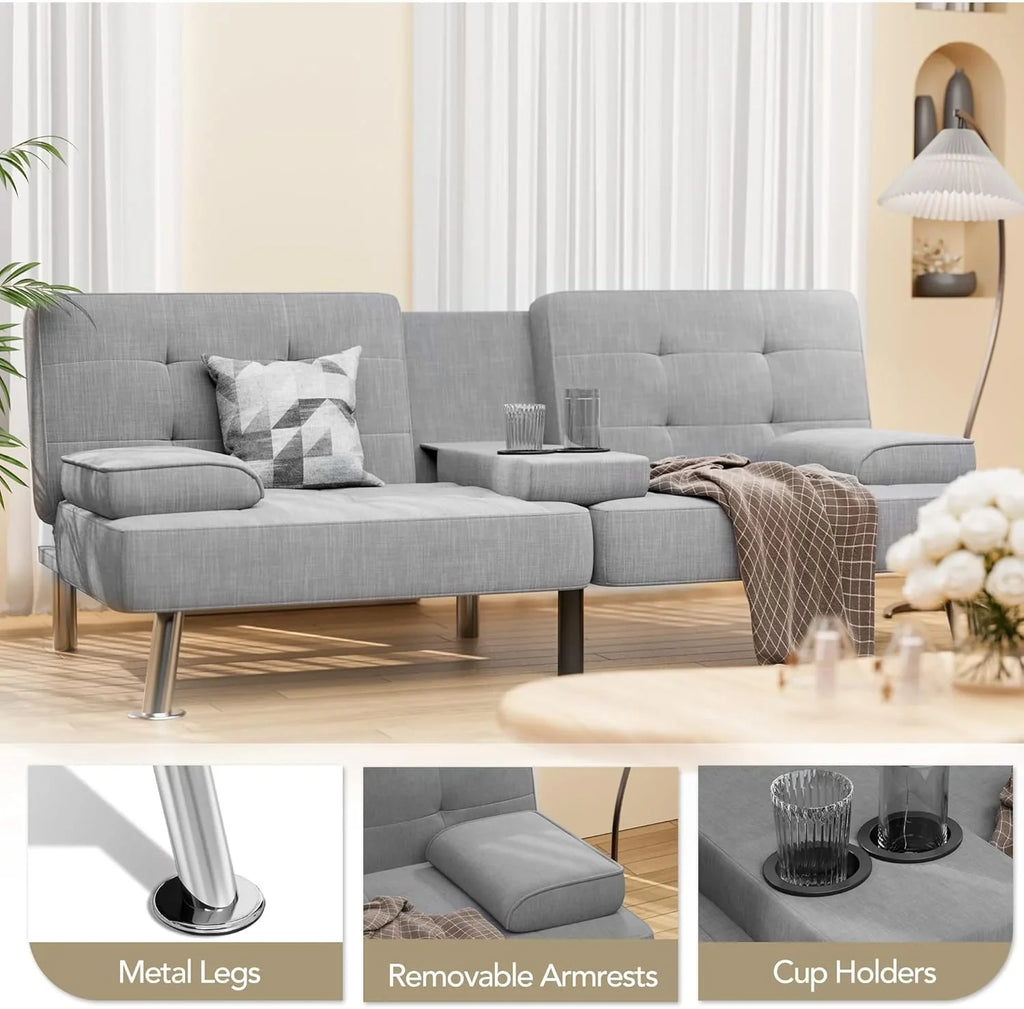 Canapé-lit futon convertible et pliable en lin moderne Shahoo avec accoudoirs amovibles, pieds en métal et 2 porte-gobelets pour le salon