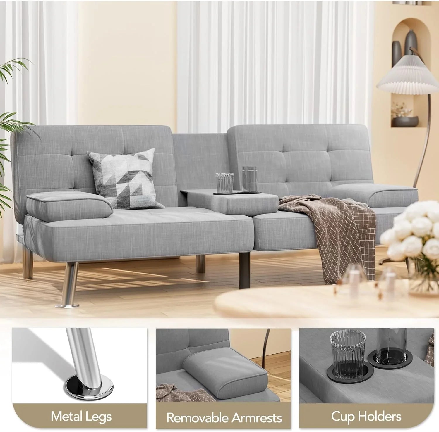 Canapé-lit futon convertible et pliable en lin moderne Shahoo avec accoudoirs amovibles, pieds en métal et 2 porte-gobelets pour le salon