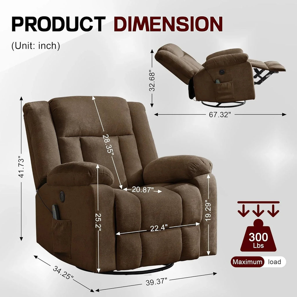 Fauteuil à bascule pour adulte, fauteuil inclinable coulissant, fauteuil à bascule rotatif à 360° avec fonction massage et chauffage