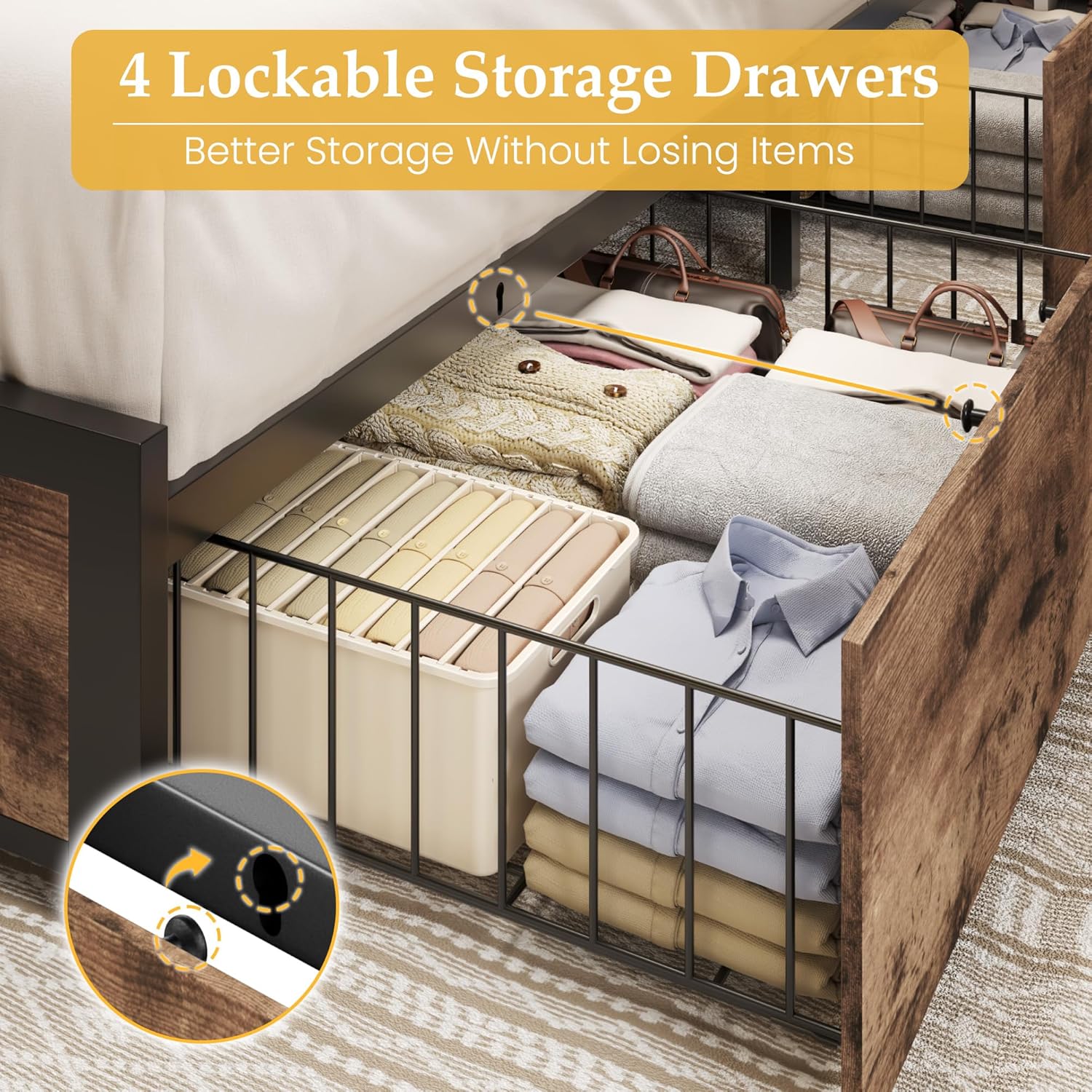 Cadre de lit Queen Lifezone avec tête de lit double et plateau de rangement en métal